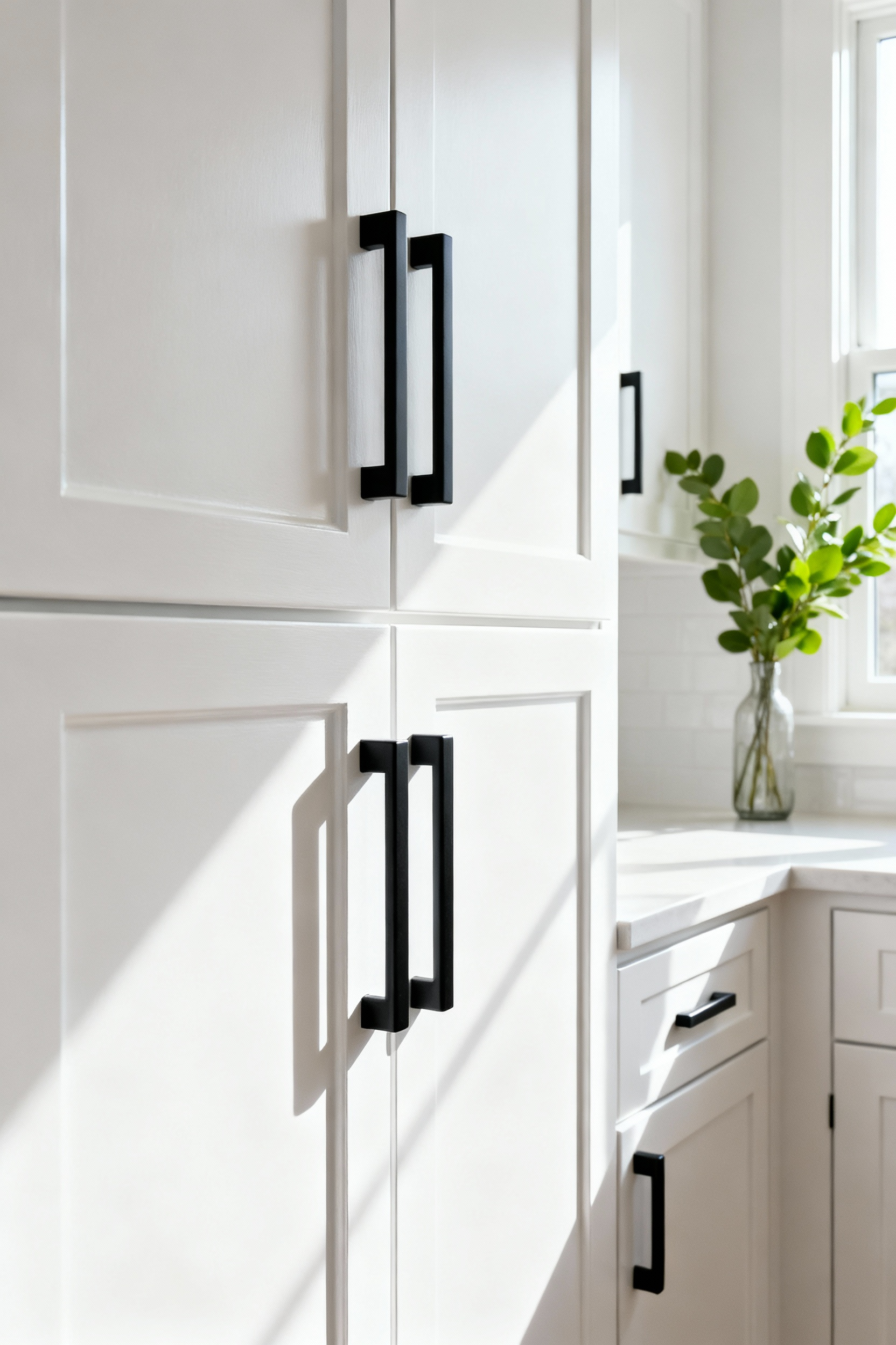 Close-up of freshly painted white kitchen cabinets with new matte black hardware, illuminated by natural light.
