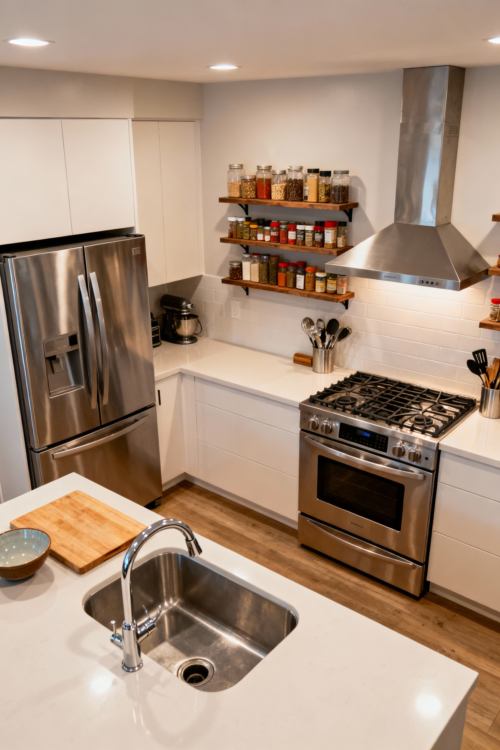 A clean and modern kitchen with an optimized layout, showcasing an efficient work triangle between the refrigerator, sink, and stove, with clear prep and cooking zones. Features organized countertops, open shelving with spices, and sleek appliances, all designed for maximum workflow efficiency.