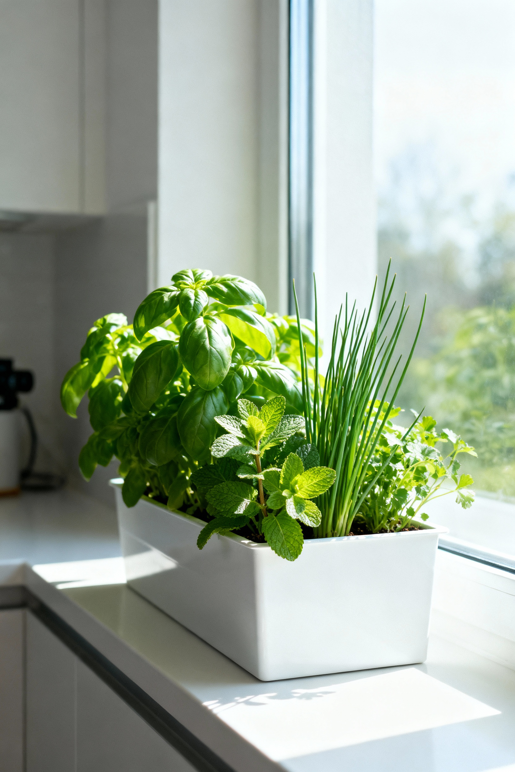 Bright kitchen windowsill with a thriving herb garden in a white window box, featuring fresh basil, mint, and rosemary. Natural light fills the scene.