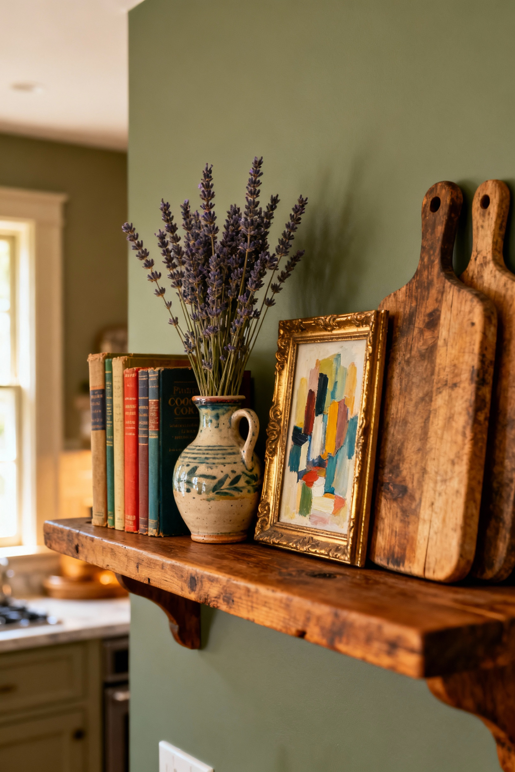 An eye-level portrait shot of a rustic wooden kitchen shelf adorned with vintage cookbooks, a ceramic vase with lavender, a small framed abstract painting, and two decorative wooden cutting boards, lit by soft natural light.