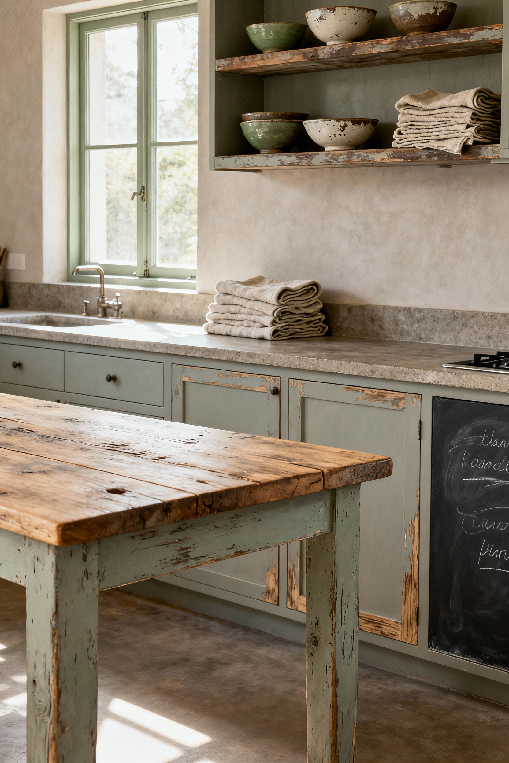 A Wabi-Sabi style kitchen with a raw wood island, open shelves with handmade ceramic bowls, and gently distressed cabinets, bathed in soft natural light.
