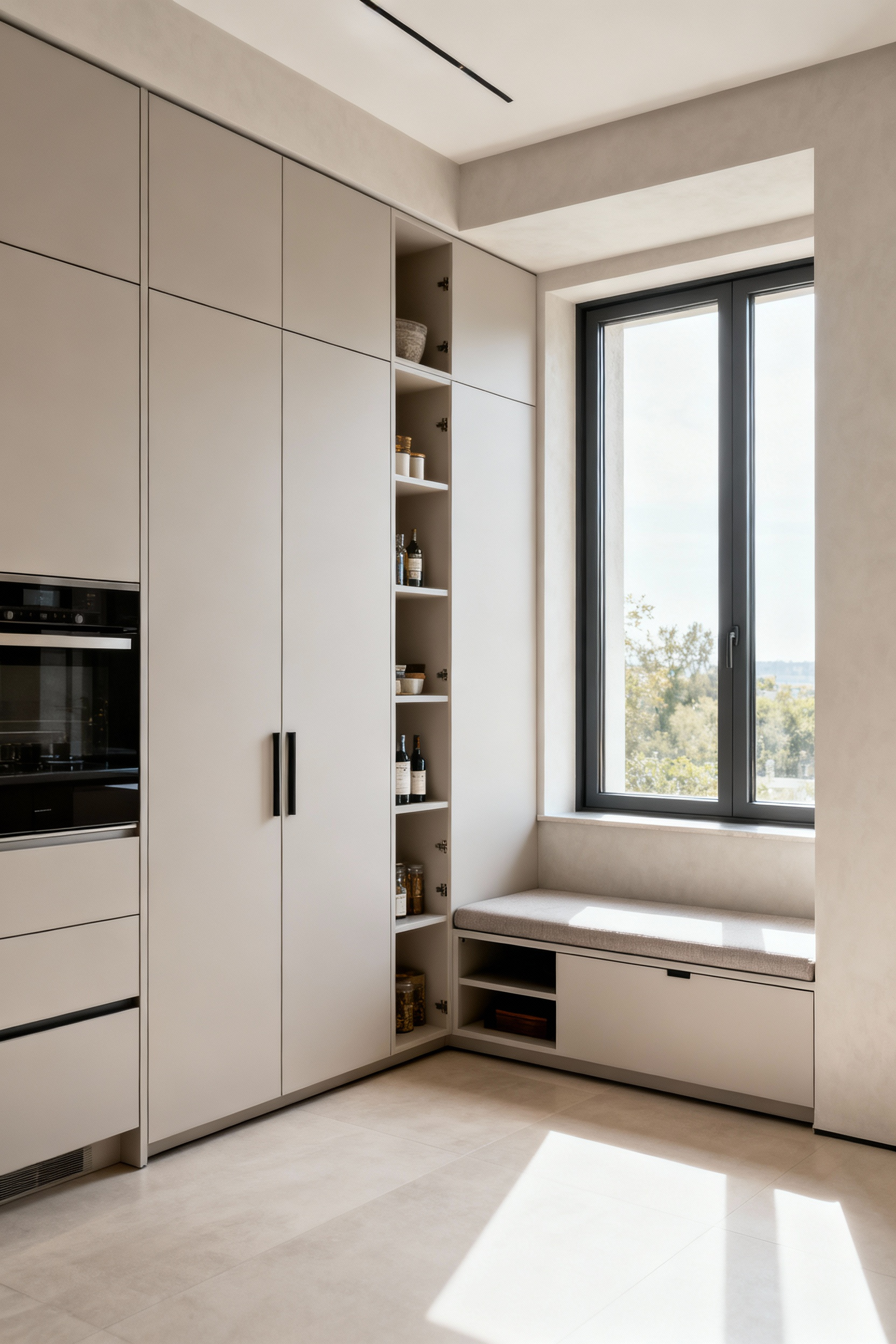 Modern kitchen showcasing bespoke joinery with seamless integrated custom cabinetry, maximizing storage in a corner and maintaining architectural flow, bathed in natural light.