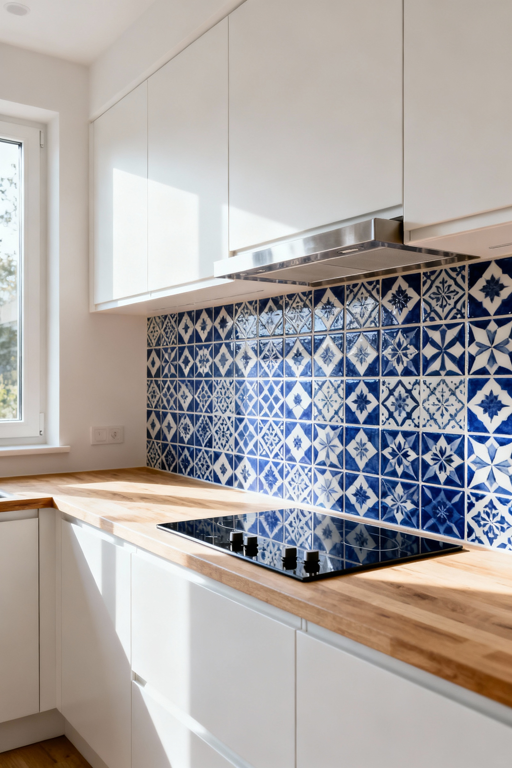 Modern kitchen with a striking blue and white geometric tile statement backsplash extending from countertop to upper cabinets, featuring sleek appliances and natural light.