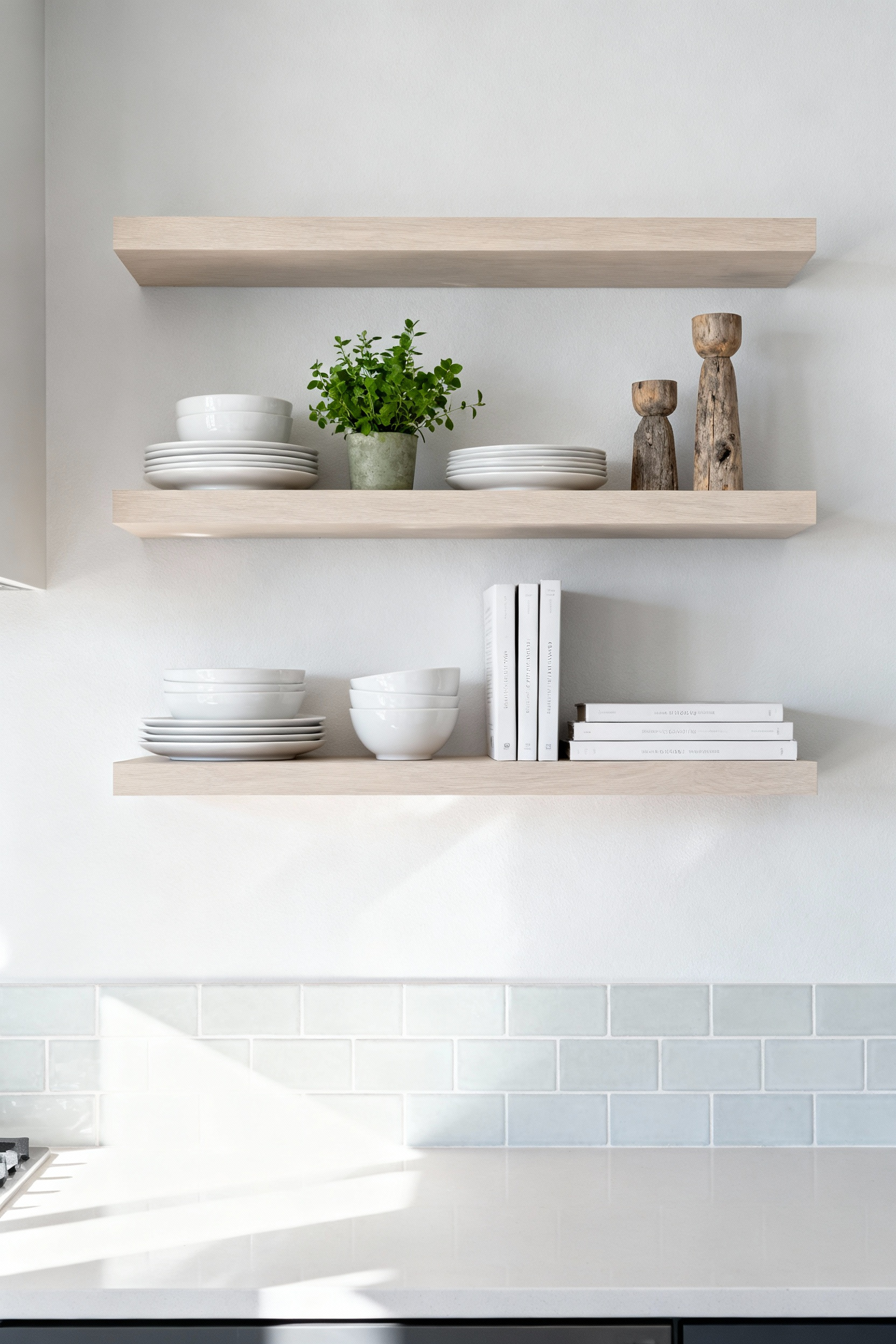 Stylish open shelving in a bright kitchen displaying white ceramic dishes, a potted plant, and cookbooks, maximizing vertical storage for both function and aesthetic.