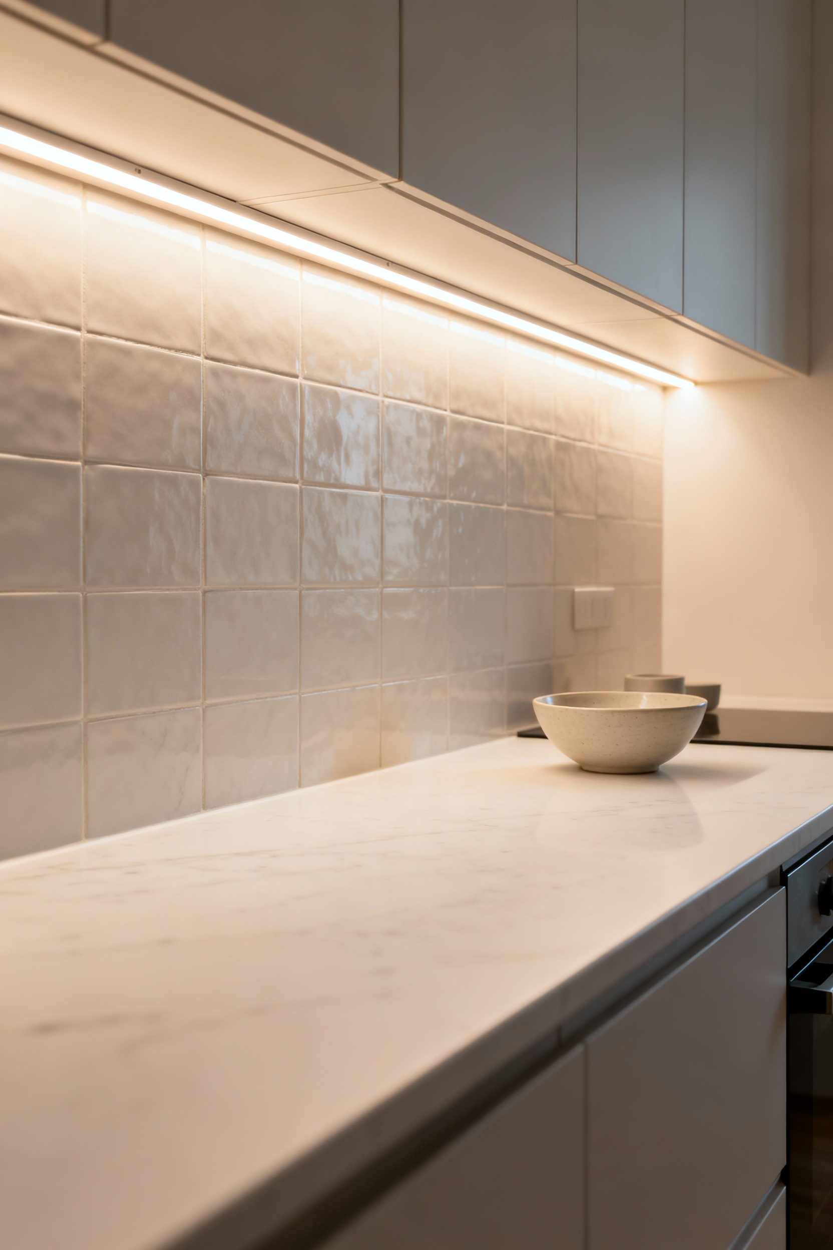 Sleek kitchen countertop illuminated by warm under-cabinet LED lighting, highlighting the tiled backsplash and a clean food prep area.