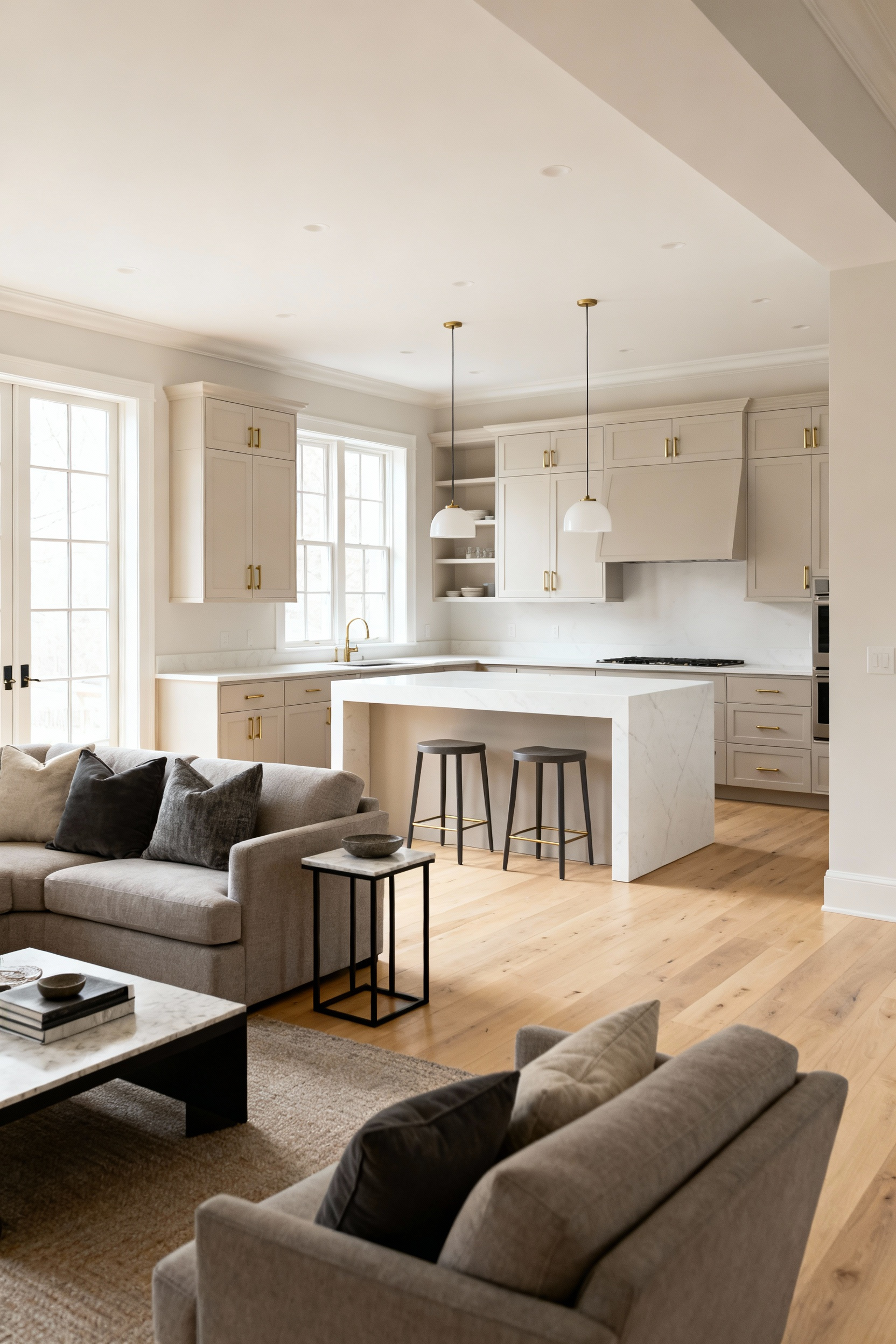 Open-concept kitchen and living room showing harmonious design elements, cohesive color palette, matching wood tones, and unified lighting for a seamless flow.