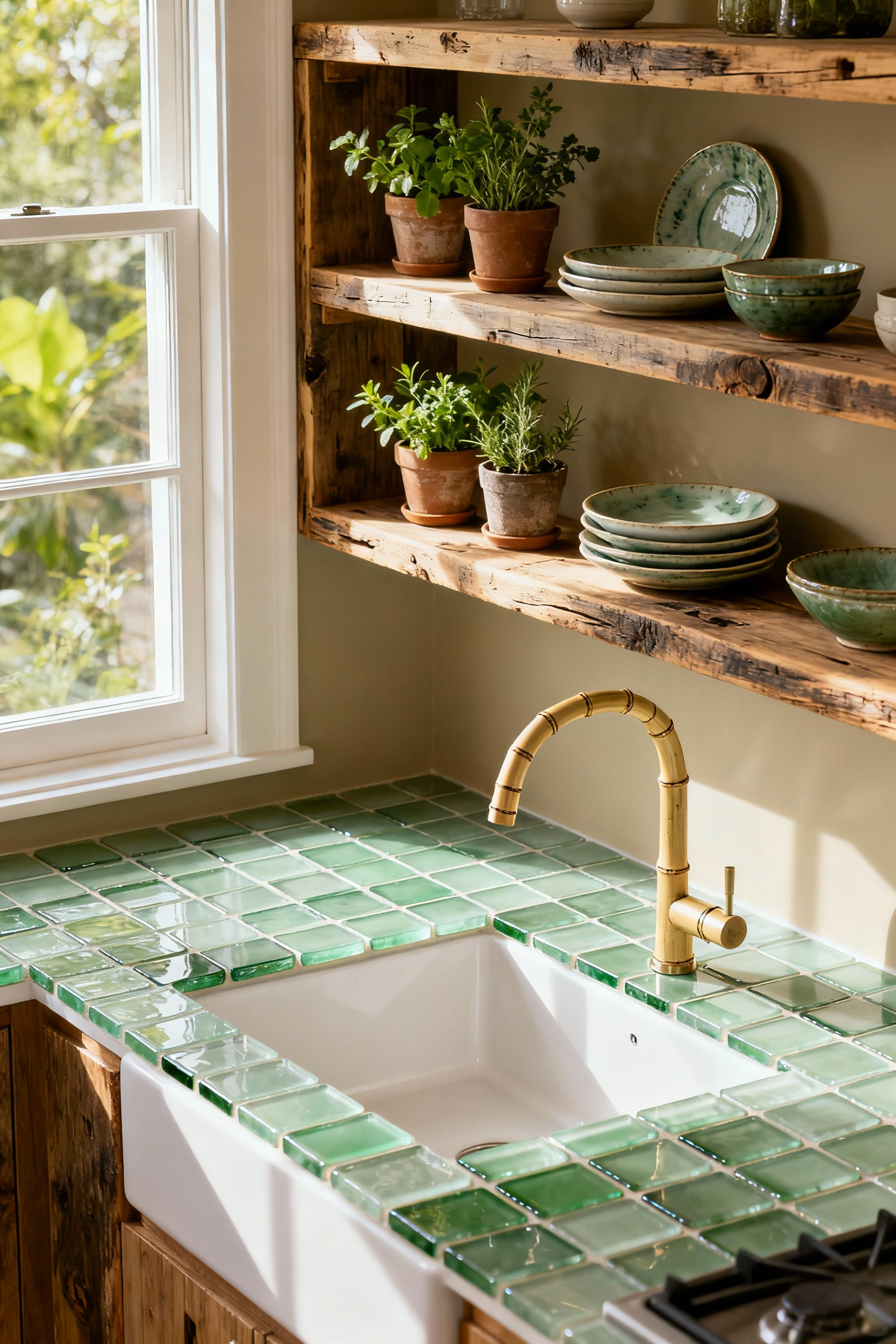 Eco-friendly kitchen featuring recycled glass countertops, reclaimed wood shelves, and potted herbs for sustainable design inspiration