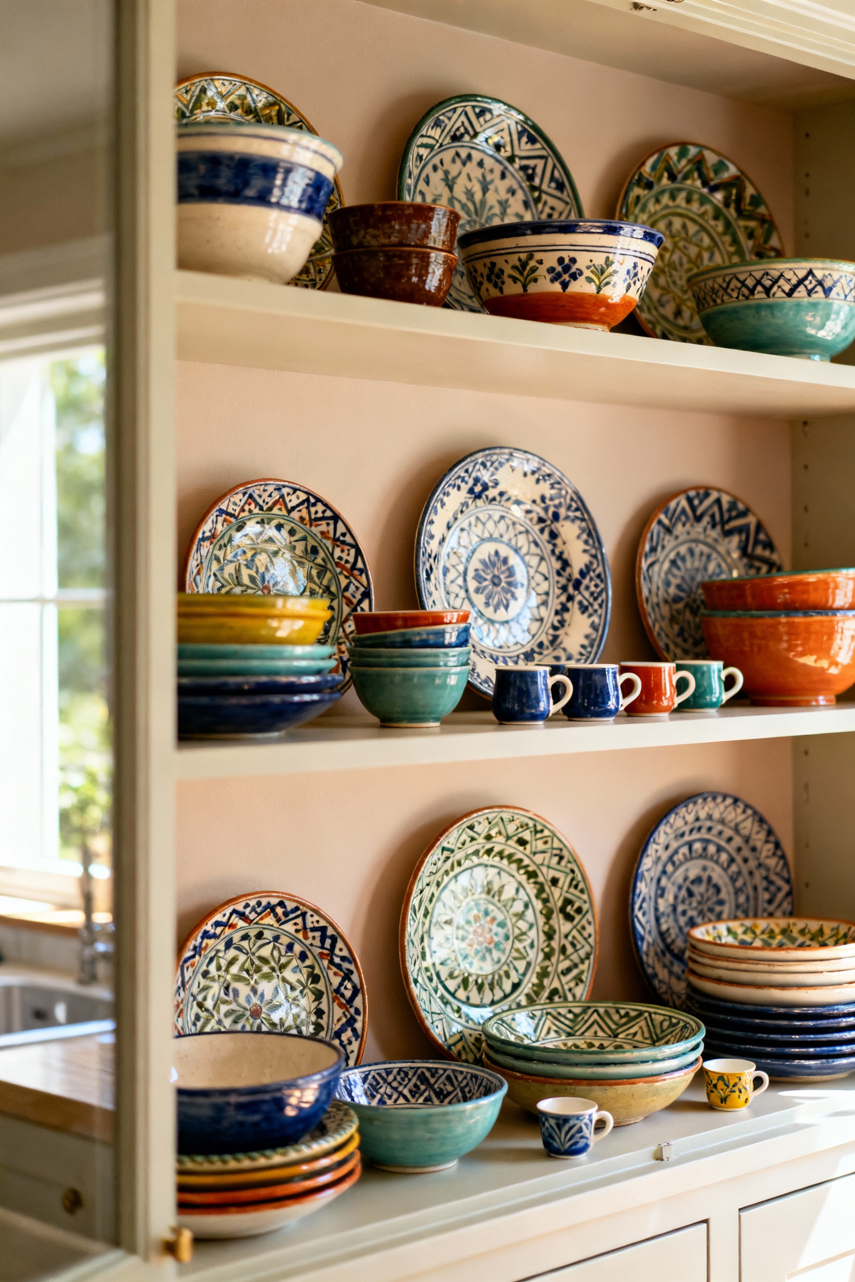 A beautifully arranged collection of vibrant patterned ceramic plates and bowls on open kitchen shelves, showcasing colorful dishware displays that add personality to kitchen decor.