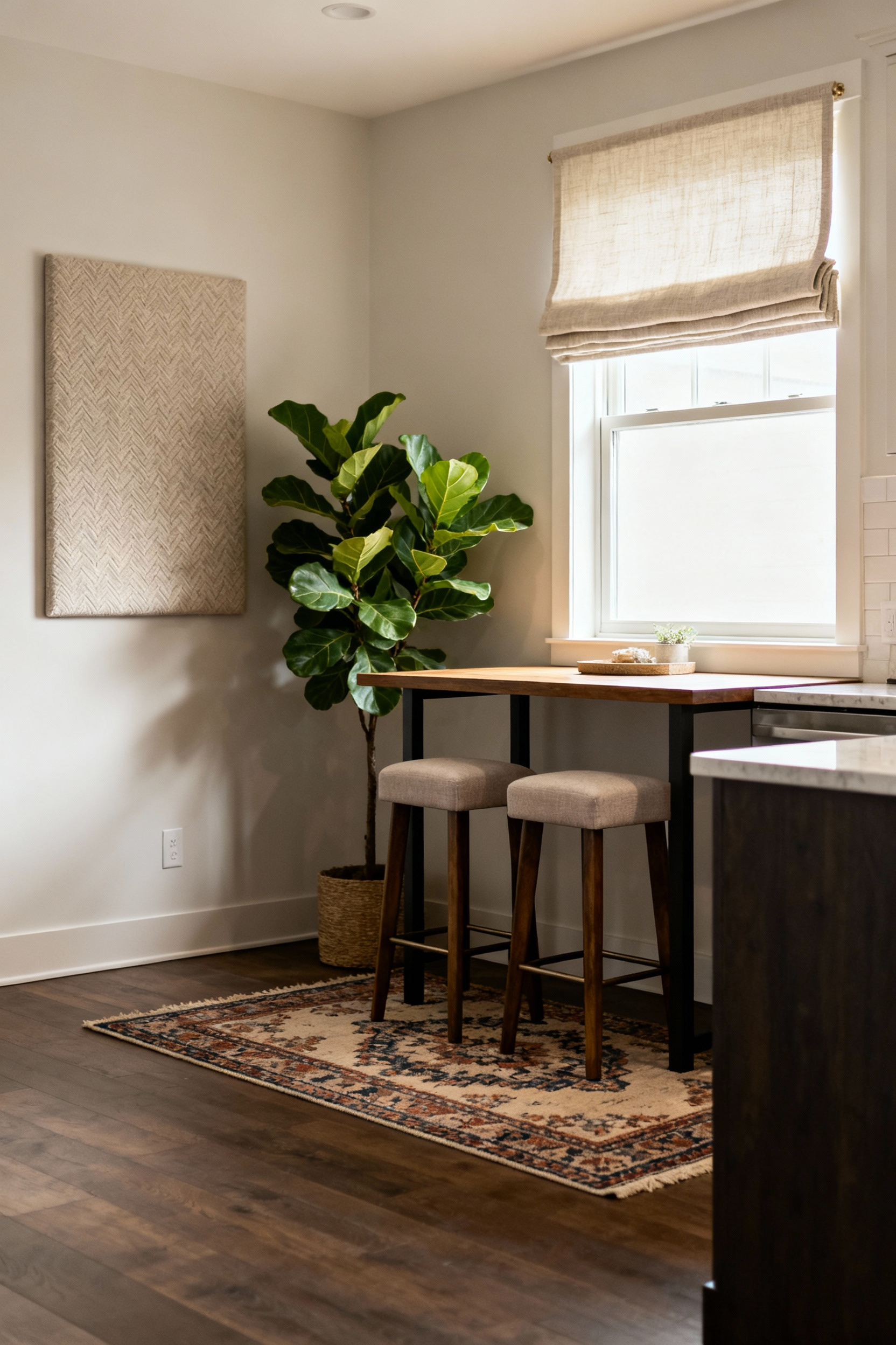 Cozy kitchen nook featuring an area rug, upholstered seating, linen Roman shades, and a large plant, designed for optimal acoustical comfort with sound-absorbing materials.