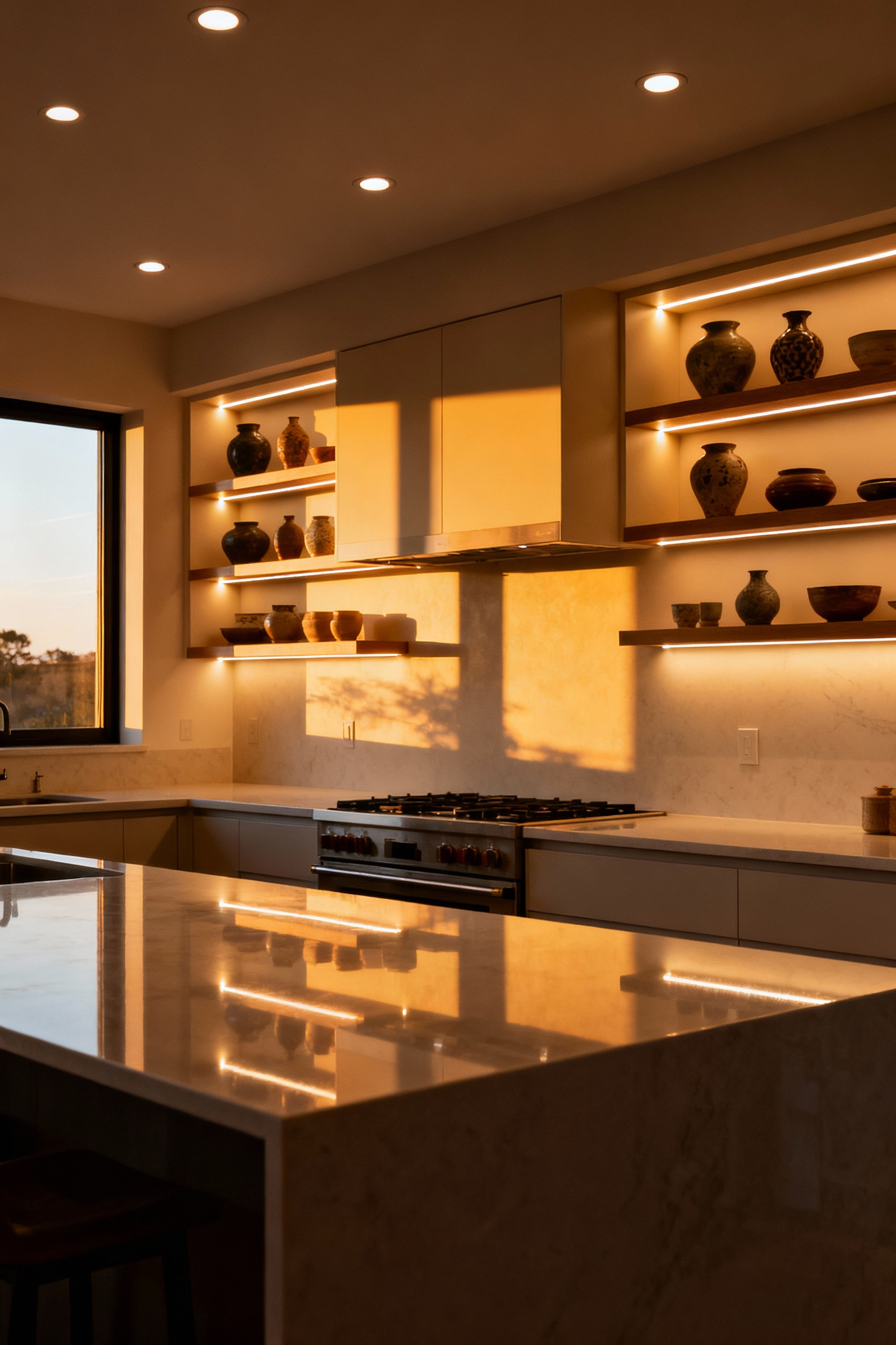 Modern kitchen with beautifully executed layered lighting, featuring recessed ambient lights, under-cabinet task lights, and accent lights on open shelving, creating a warm and inviting atmosphere.