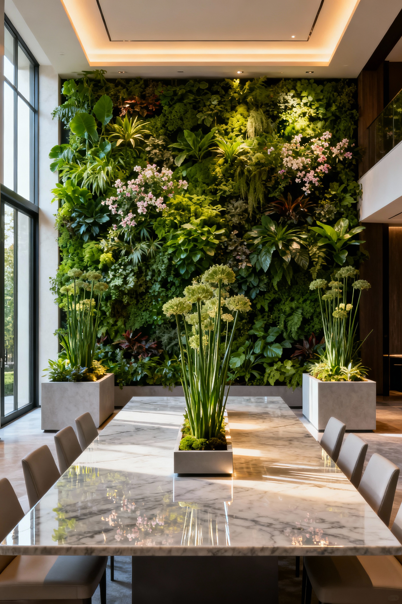 A luxury dining room featuring an integrated living wall and bespoke planters, showcasing harmonious botanical dining room design and natural elegance.