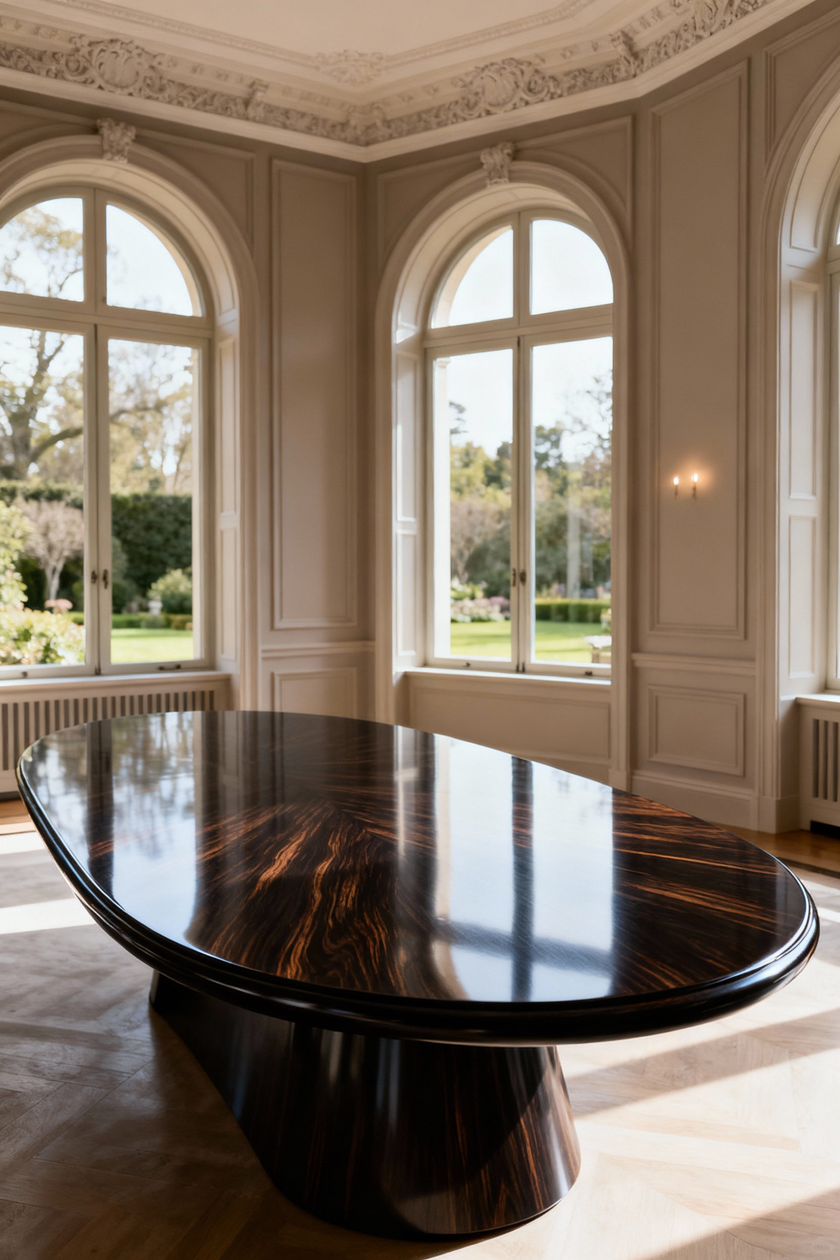 Luxurious elliptical Macassar Ebony dining table in a classic dining room with wainscoting and arched windows, bathed in soft natural light.
