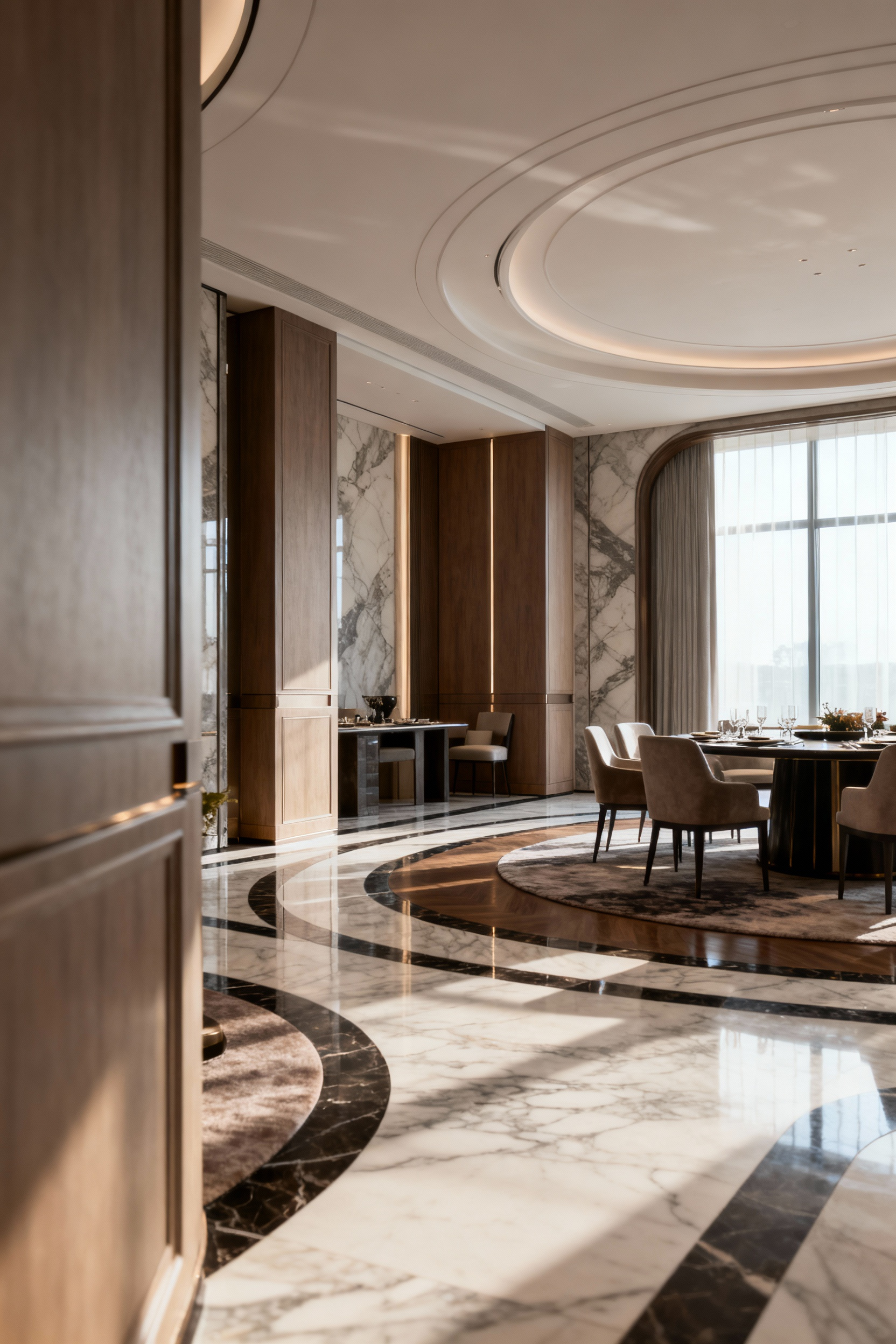 Elegant luxury dining room interior showcasing strategic spatial delineation with fine furniture, defined zones by architectural features, and harmonious flow.