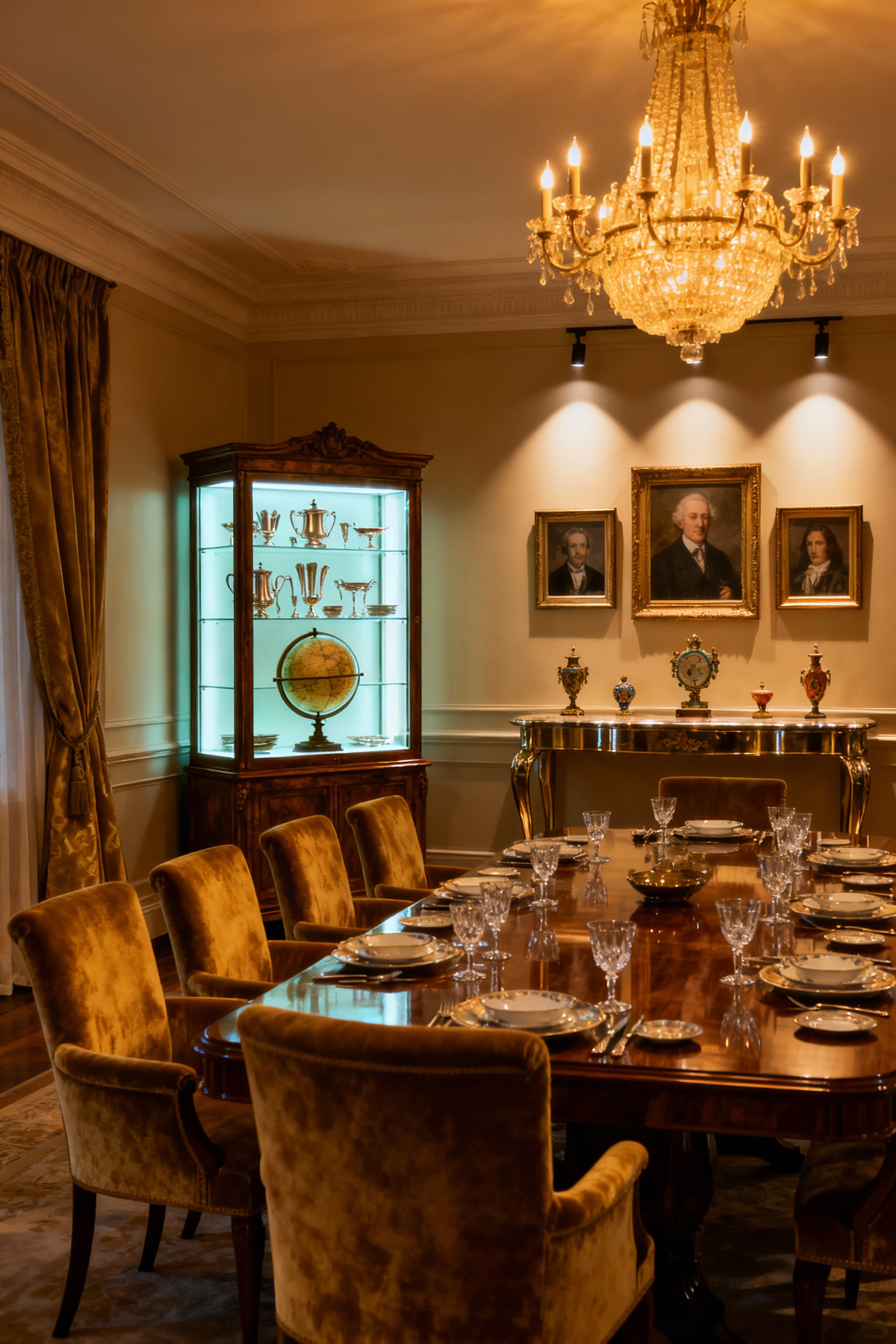 Luxury dining room interior with elegantly displayed antique heirlooms in a vitrine, bespoke furniture, and warm ambient lighting creating a personal narrative, professional architectural photograph.