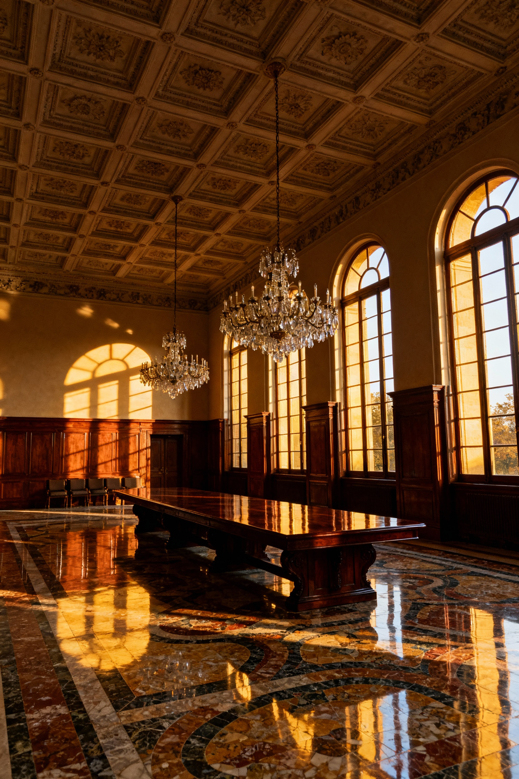 An opulent, historical grand dining room with high ceilings, arched windows, elaborate chandeliers, and rich wood paneling, showcasing architectural grandeur and dramatic lighting, empty of people.