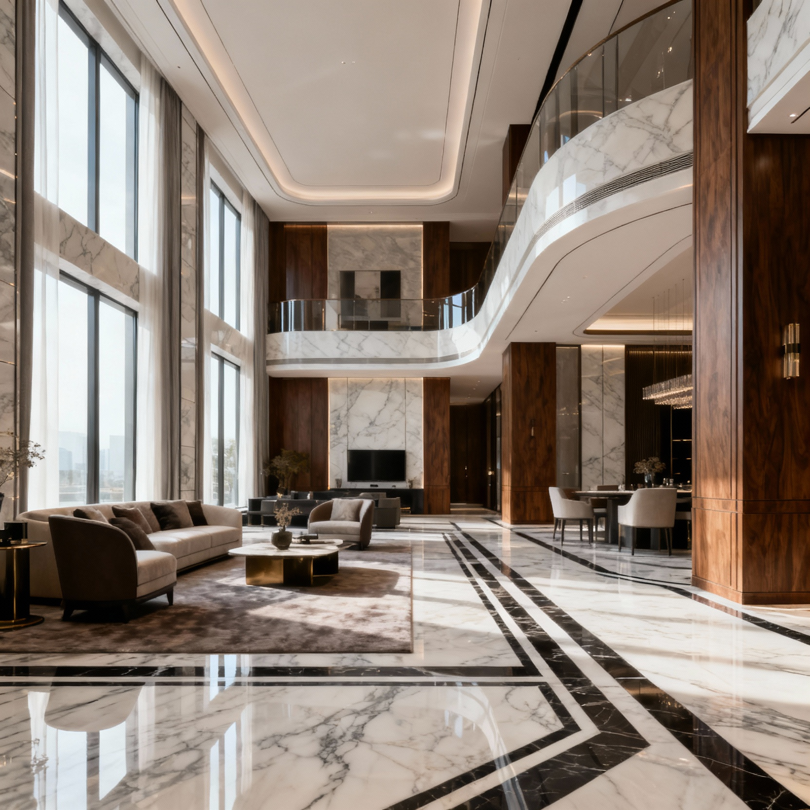 Elegant luxury dining room interior showcasing strategic spatial delineation with fine furniture, defined zones by architectural features, and harmonious flow.