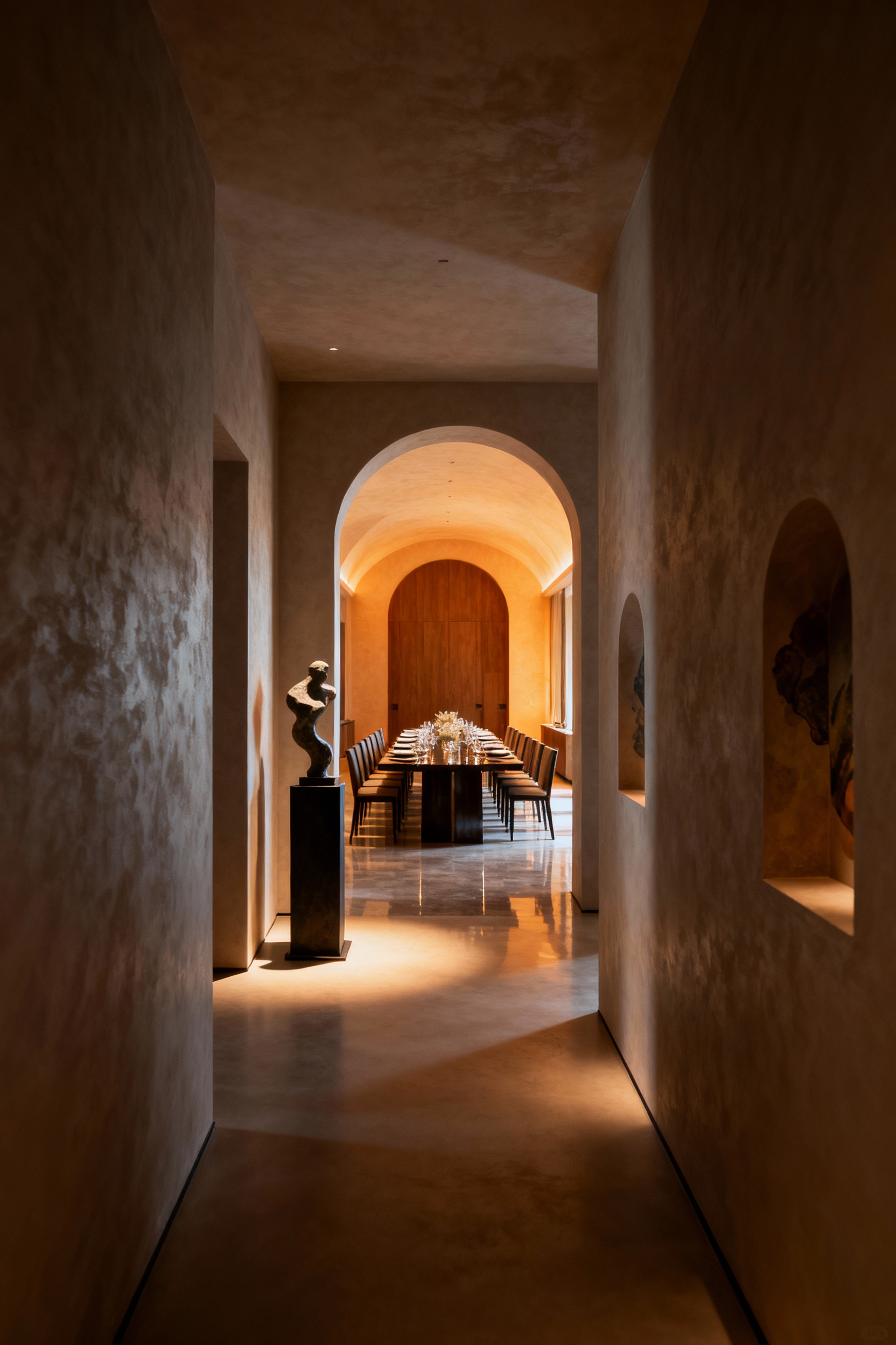 A professional interior photo showcasing a luxurious transitional corridor opening up to reveal a grand dining room with an elegantly set table, emphasizing the art of spatial journey and anticipation.