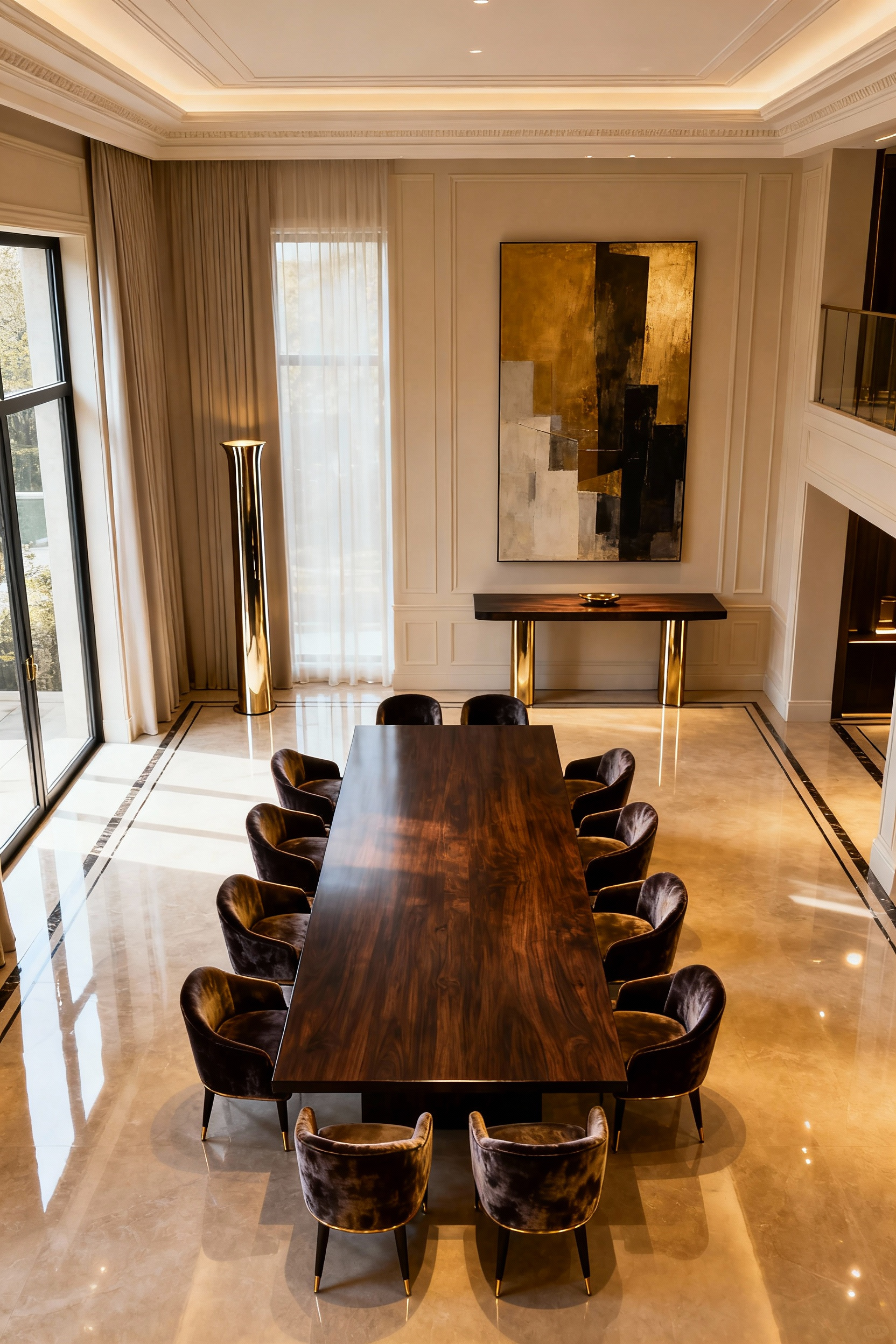 Luxurious dining room exhibiting perfect proportionate symmetry, showcasing a well-scaled dining table, chairs, and balanced ancillary furnishings under natural light.