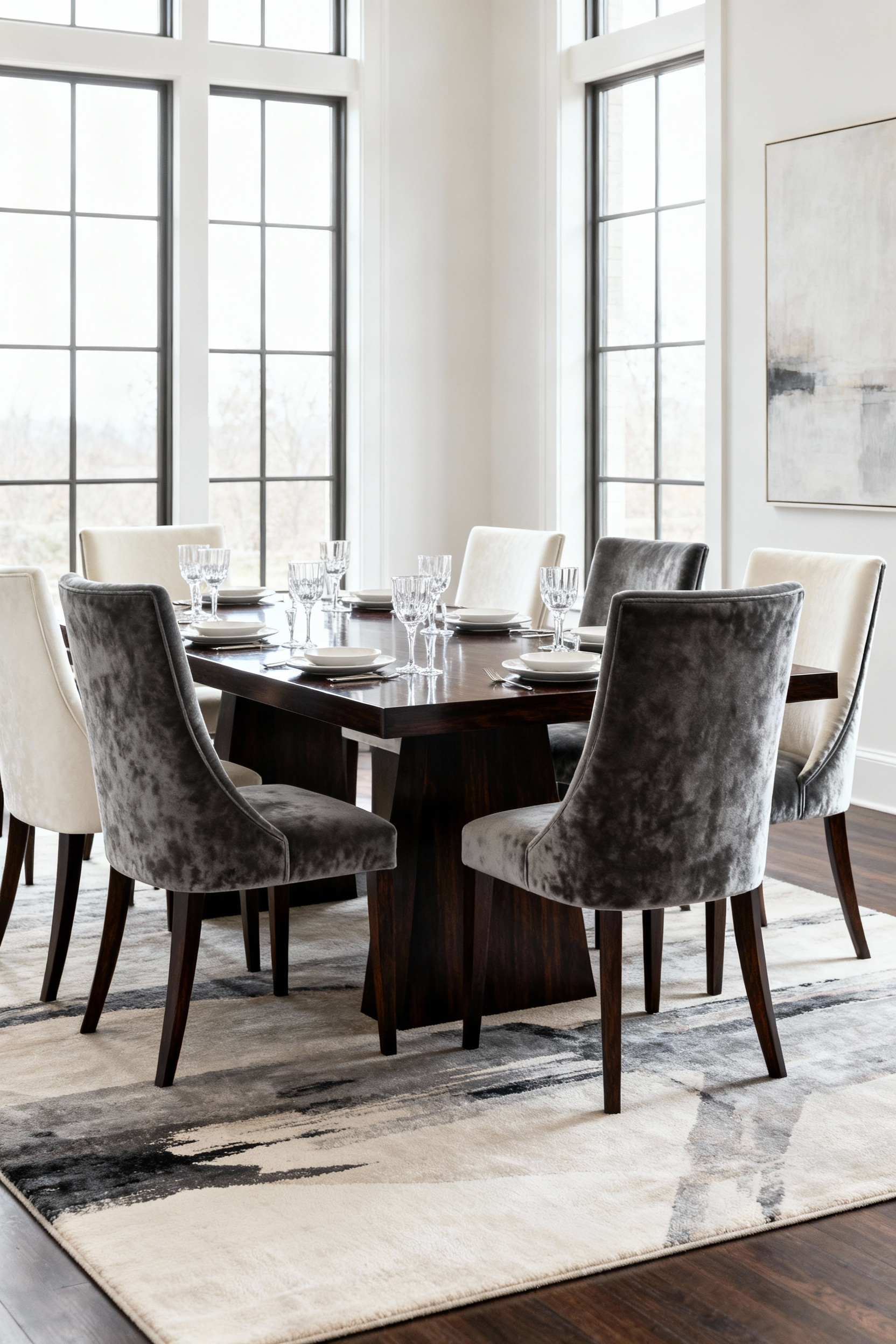 A beautifully appointed luxury dining room with ergonomic velvet upholstered chairs surrounding a polished dark wood table, designed for enduring comfort and visual cohesion.