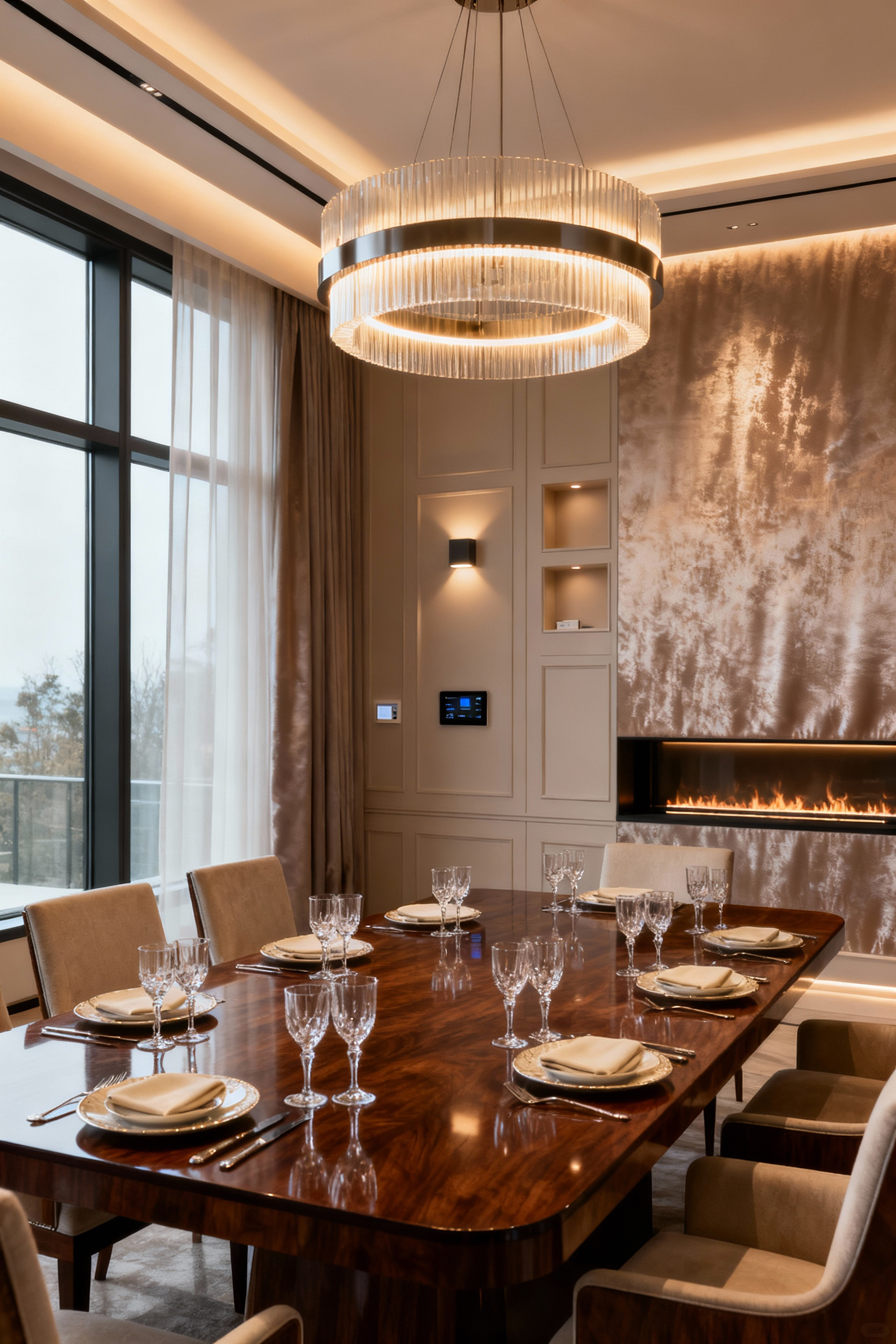 A luxury dining room showcasing unobtrusive smart home integration with elegant design, subtle ambient lighting, and high-end finishes, demonstrating discreet technology enhancing the dining experience.