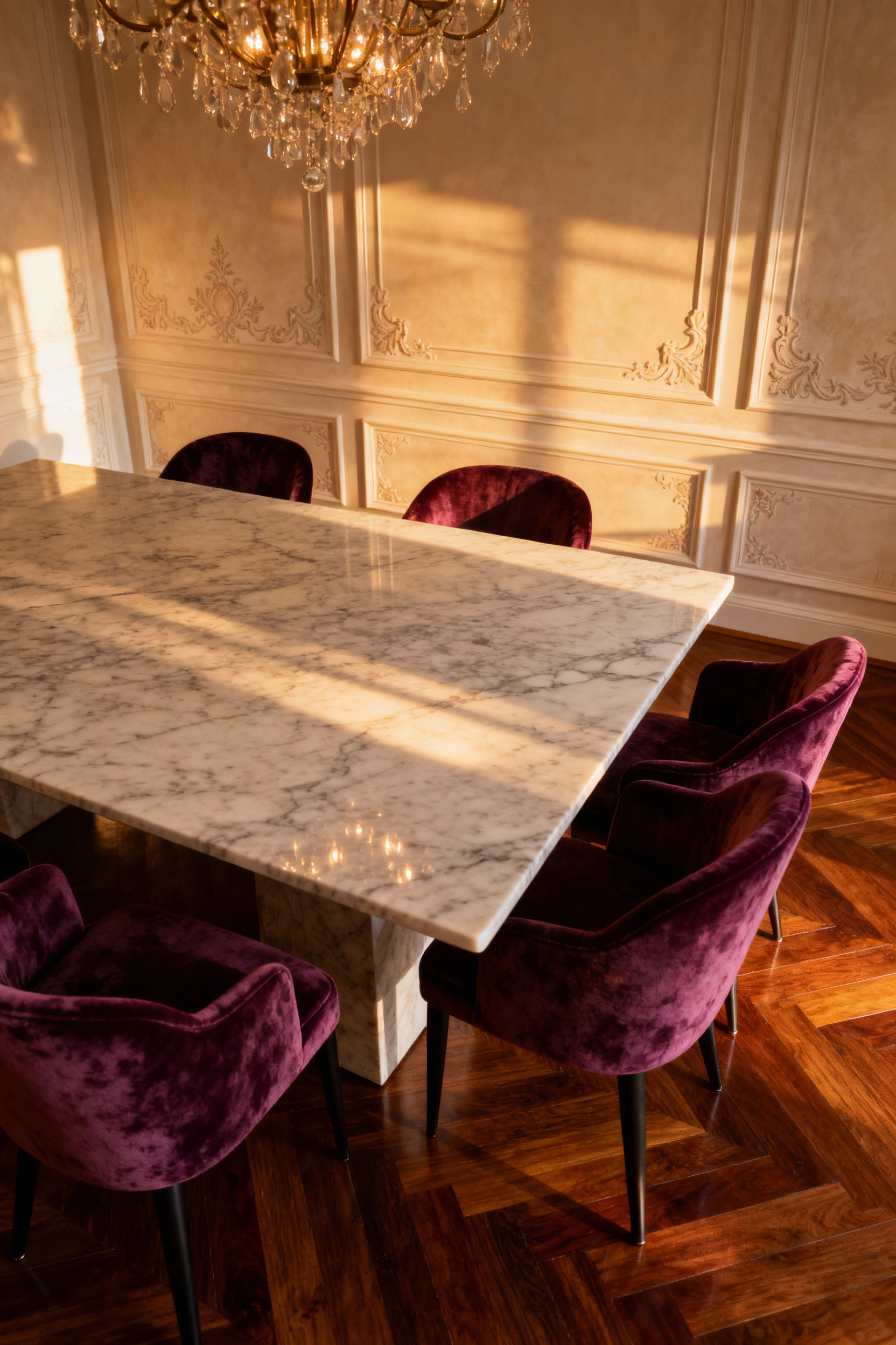 Luxurious dining room featuring a polished marble dining table, velvet chairs, intricate wall plasterwork, and hardwood floors, emphasizing varied material textures and high-end finishes for a tactile narrative.