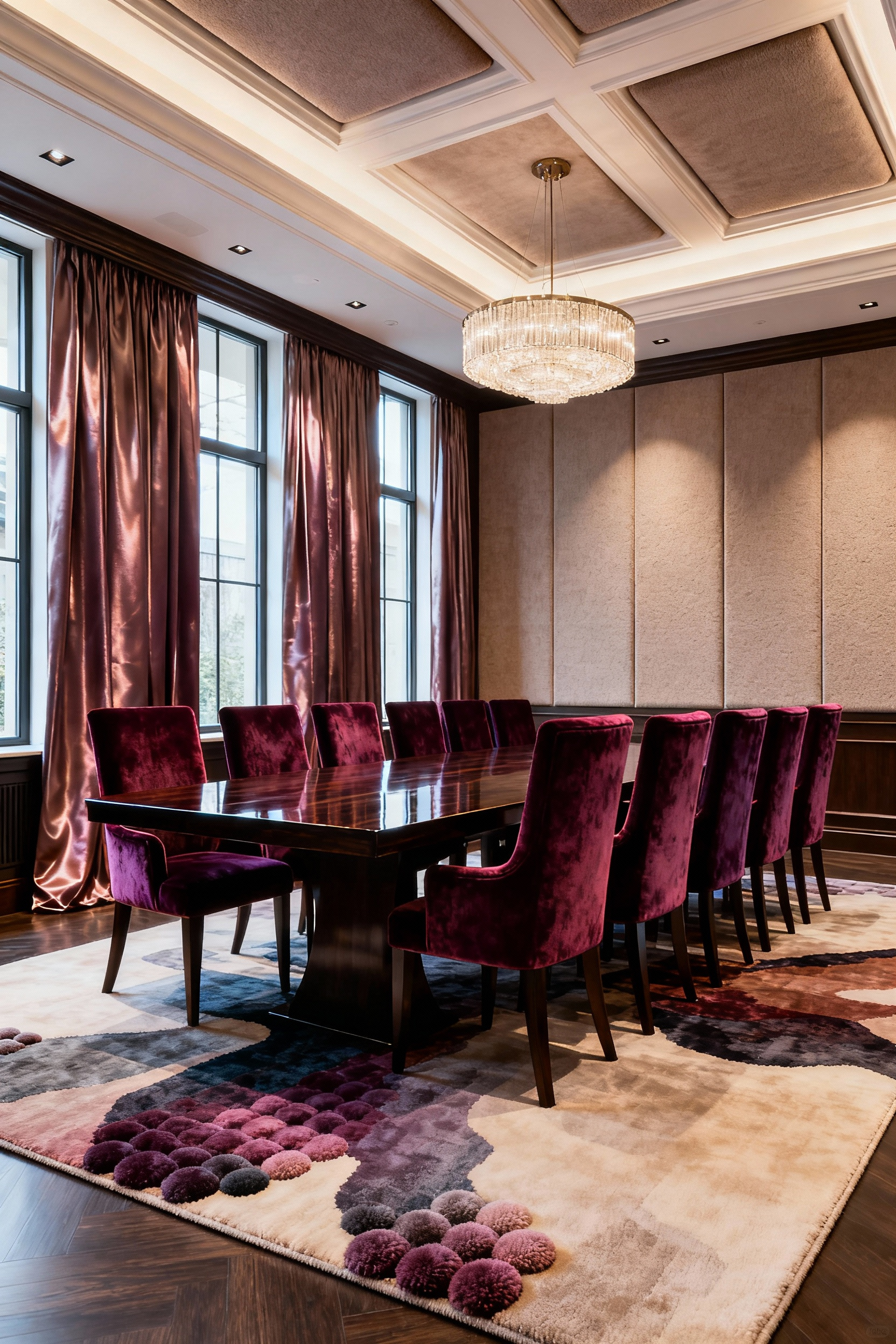 Luxury dining room interior with sophisticated acoustic design elements like heavy drapes, upholstered chairs, a thick rug, and ceiling panels, creating a quiet and refined atmosphere.
