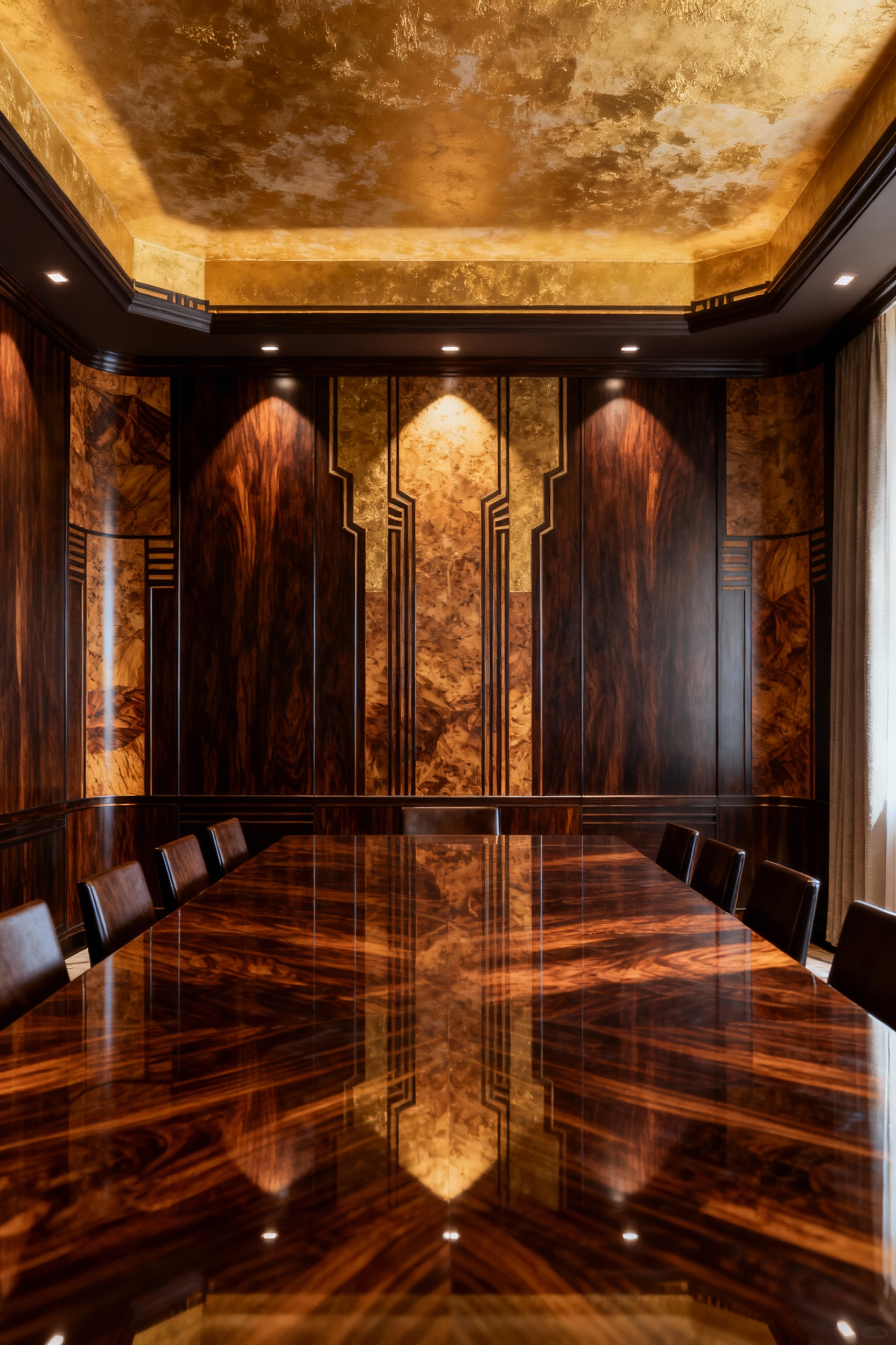 A luxurious dining room with floor-to-ceiling dark wood paneling and gilded wall treatments, creating deep visual depth, with a grand empty dining table under soft lighting.