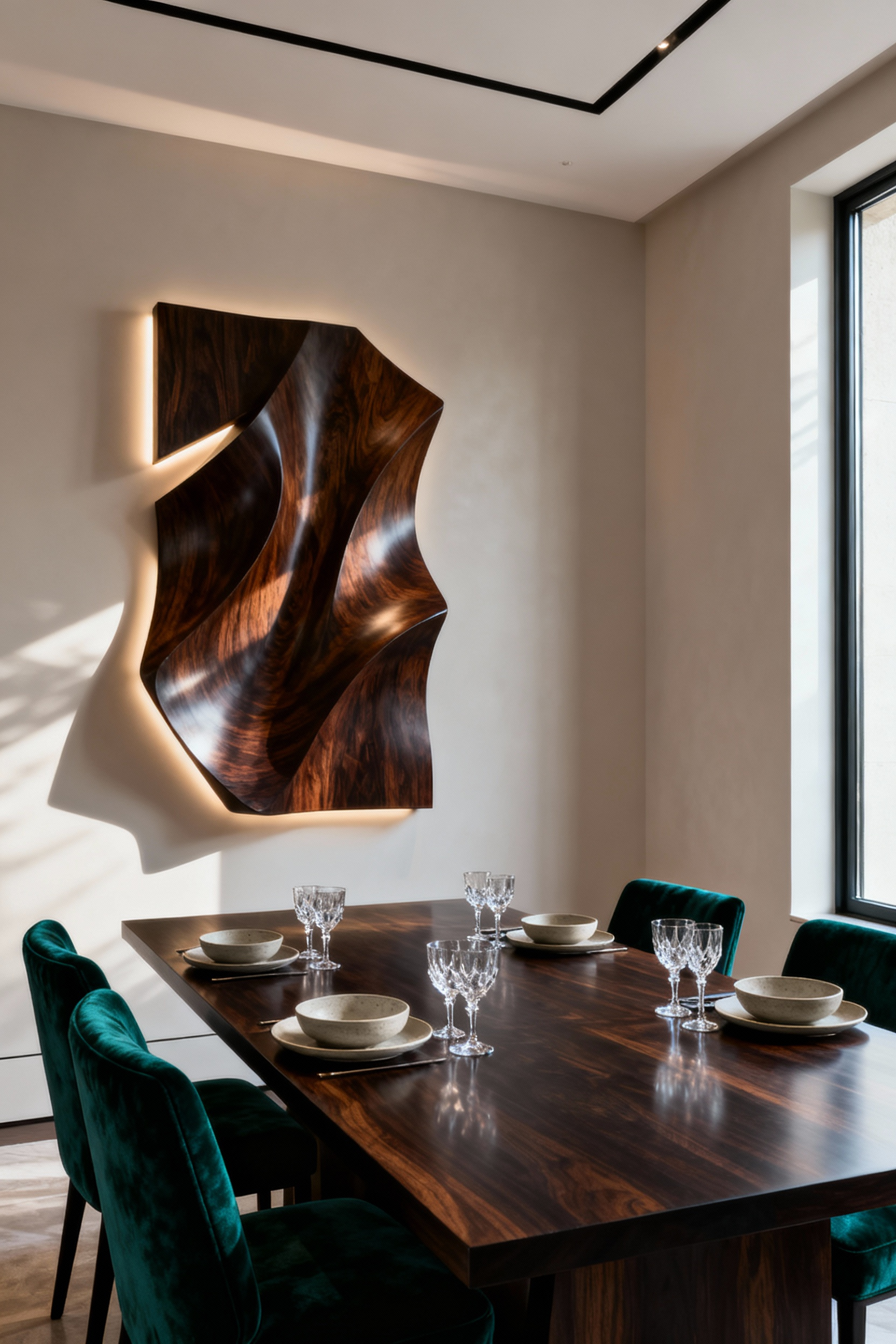 Luxurious dining room featuring a custom-commissioned abstract wooden wall sculpture with integrated lighting, polished dark wood dining table, emerald velvet chairs, and high ceilings.