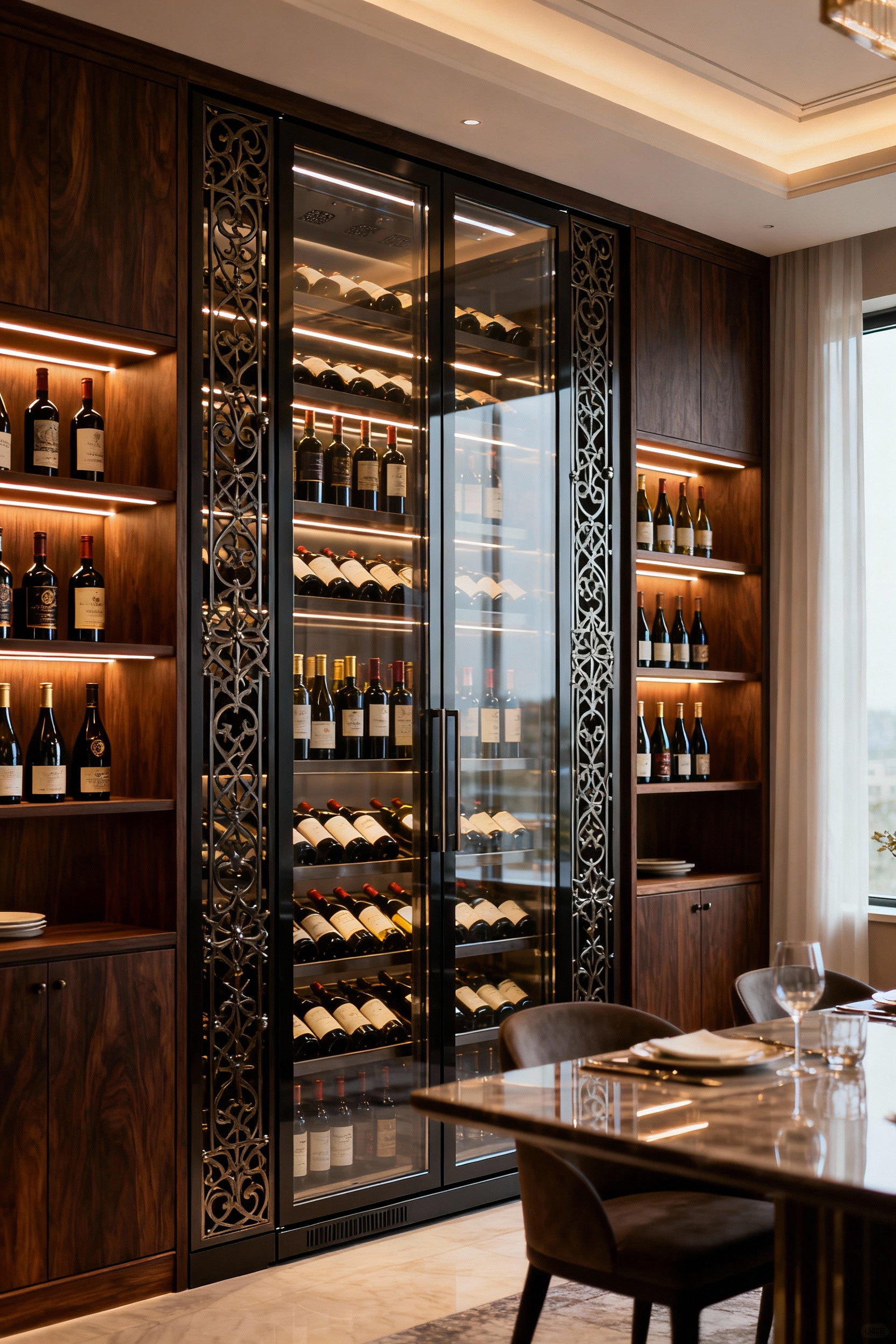 Custom-designed luxury wine receptacle in a sophisticated dining room with elegant lighting and diverse wine collection.
