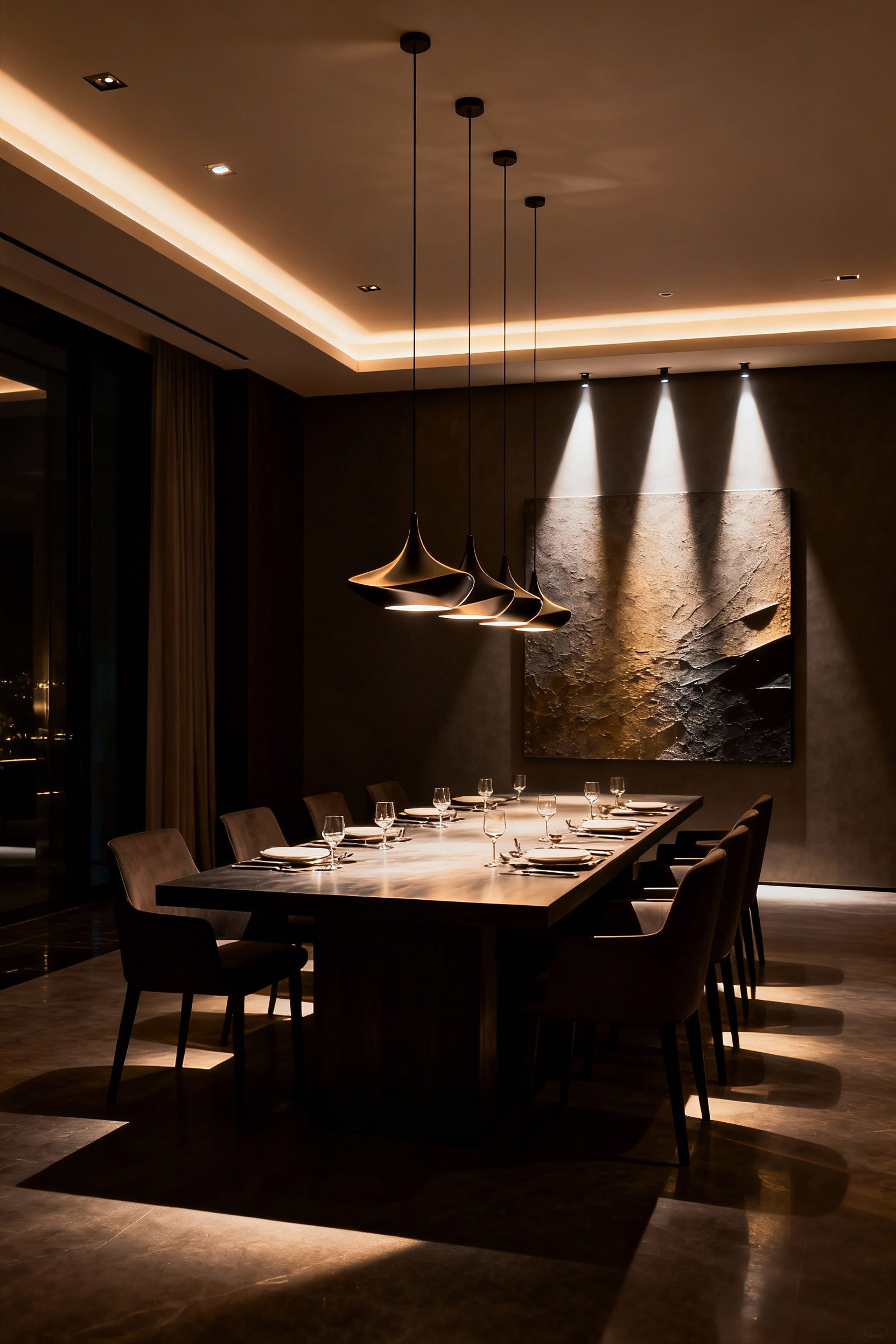 Elegant luxury dining room showcasing sophisticated layered lighting design, featuring ambient cove lights, task pendant lights over a long table, and accent spotlights on decor. No people.
