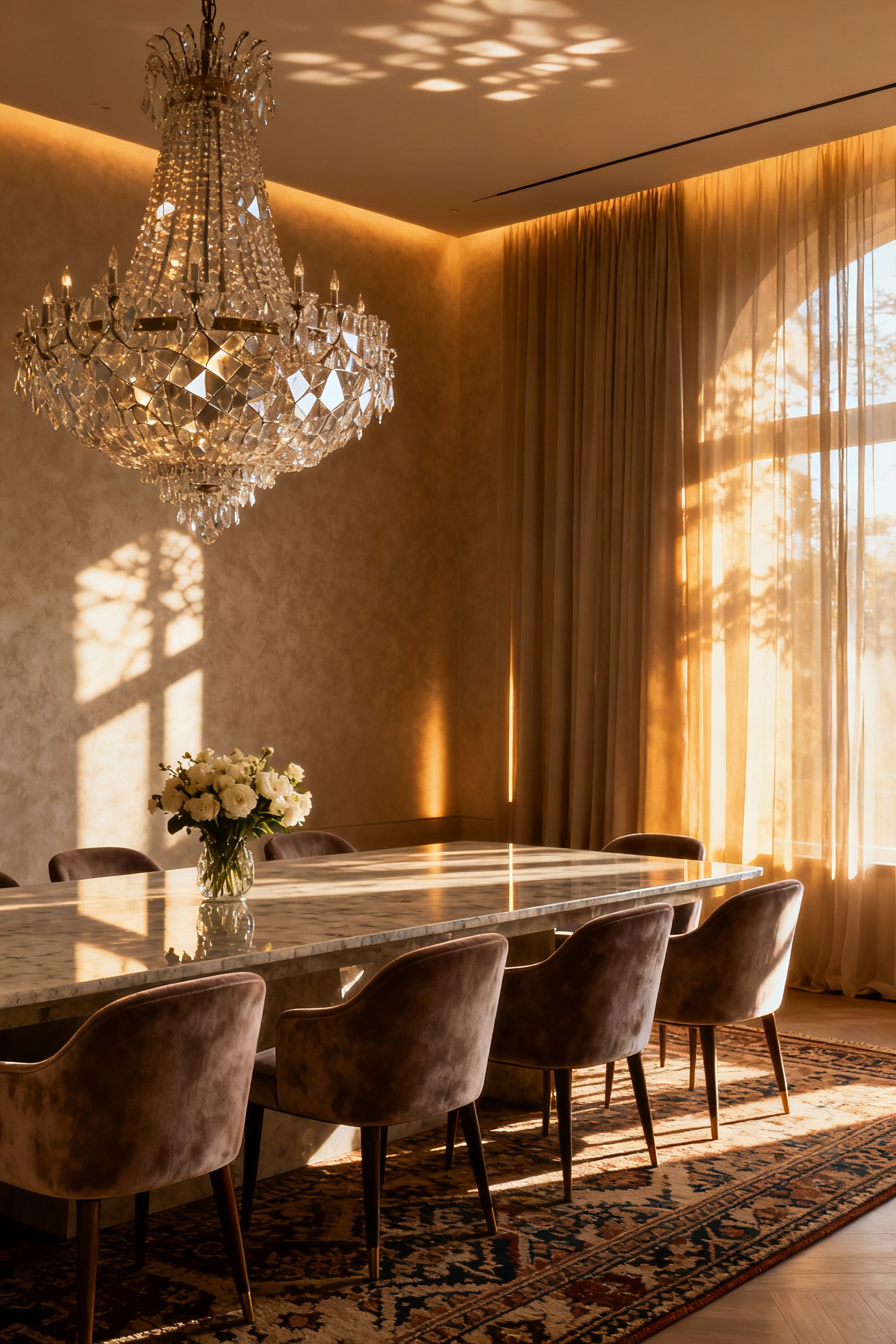 A luxury dining room with rich textures, soft lighting, and an elegant floral arrangement designed for a multisensory experience, without people.