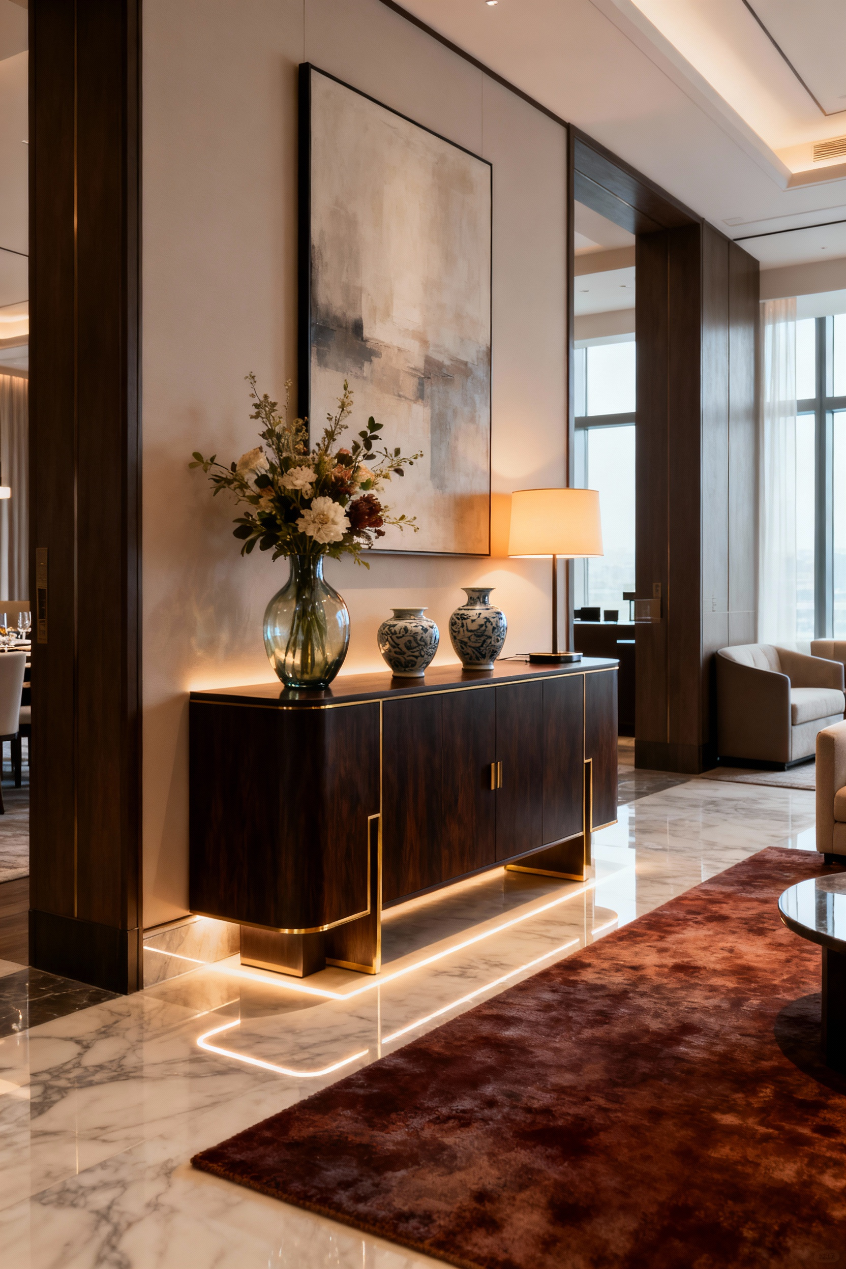 A luxury dining room transition featuring an elegant dark wood console with gold accents, abstract art, and ambient lighting, showcasing ancillary furnishings for seamless flow.