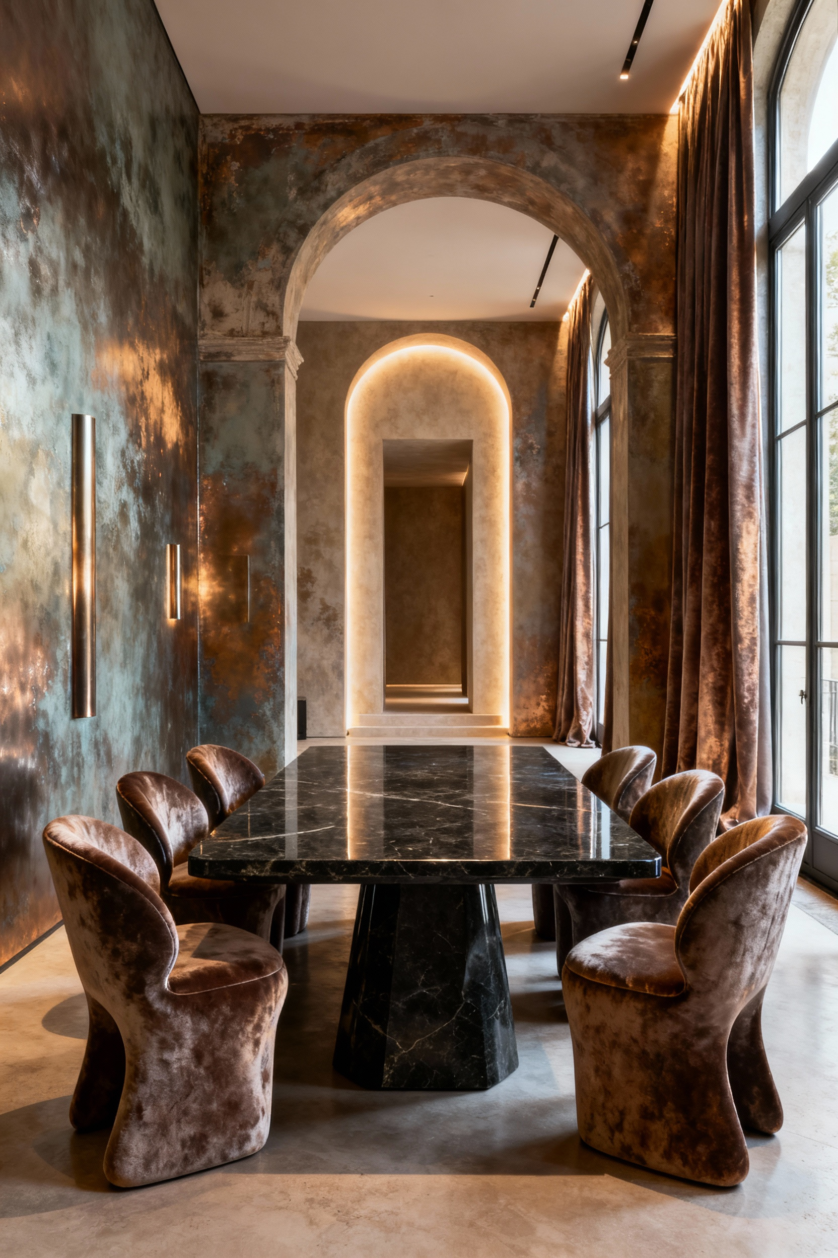 A sophisticated dining room embodying the Legacy of the Liminal Threshold design, showcasing a blend of historical elegance and future-forward elements with custom architectural lighting, luxurious materials, and adaptable seating.