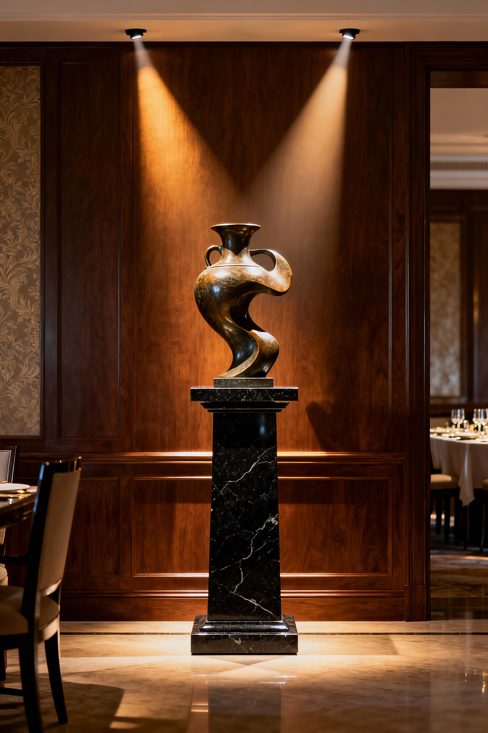 Luxury dining room featuring a black basalt pedestal with a sculptural objet d'art, precisely illuminated by hidden narrow-beam LED spotlights, creating dramatic shadows and highlights.