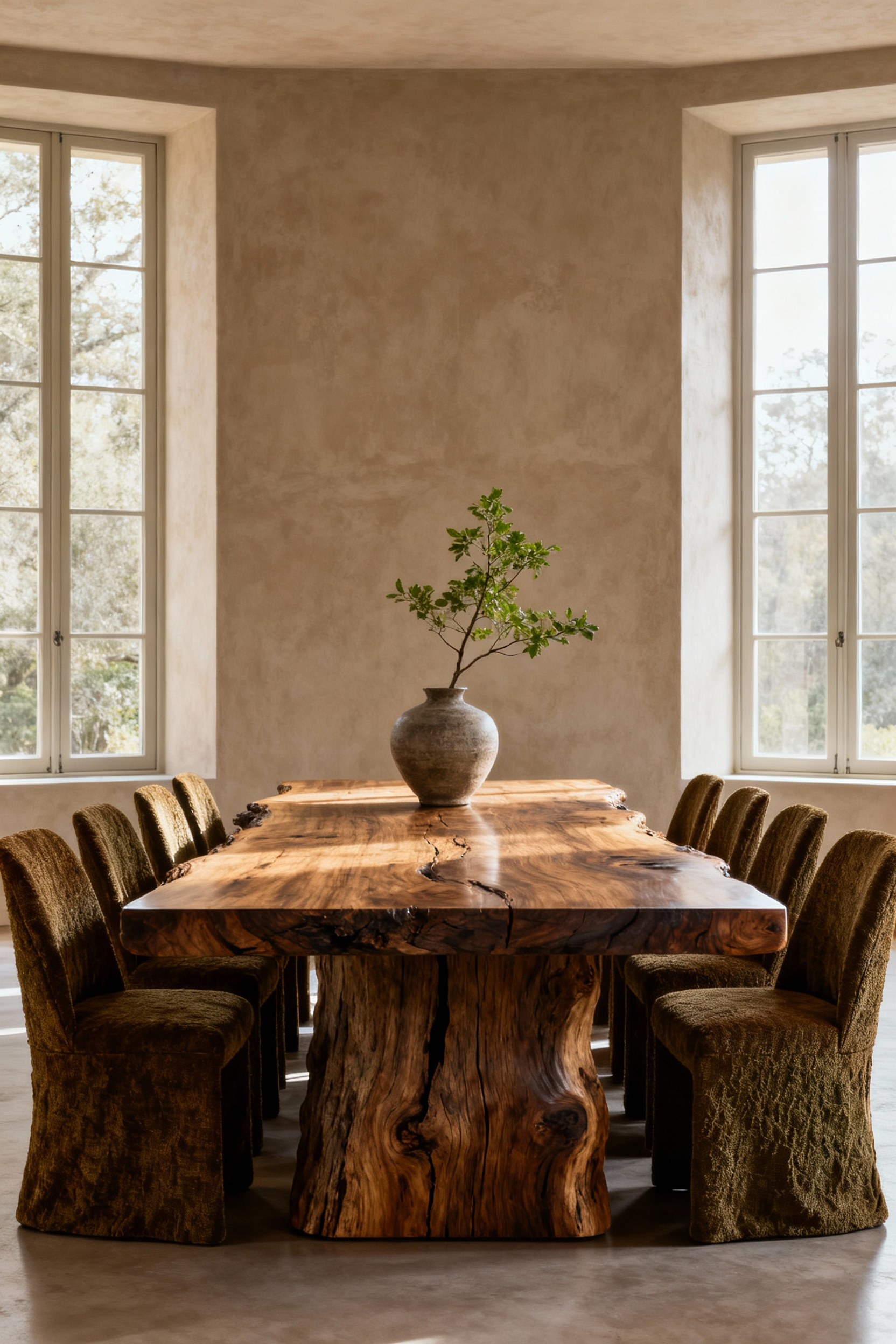 Luxury dining room with a large reclaimed oak table and nettle fabric chairs, showcasing sustainable design and ethical sourcing, bathed in natural light.