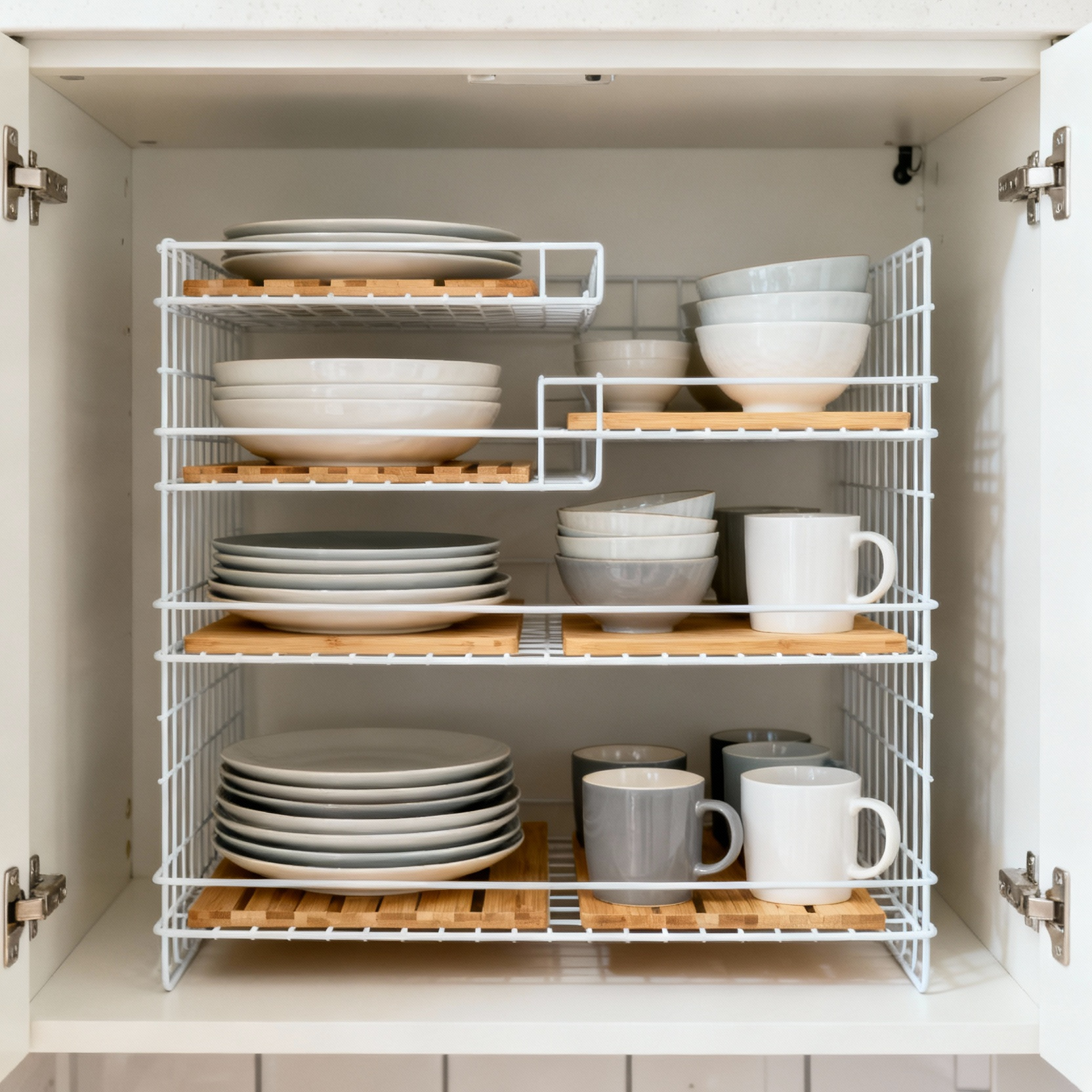 A neat modern kitchen cabinet with white stackable shelves and bamboo risers organizing ceramic plates, bowls, and mugs, utilizing vertical space efficiently. Bright natural light illuminates the organized interior.