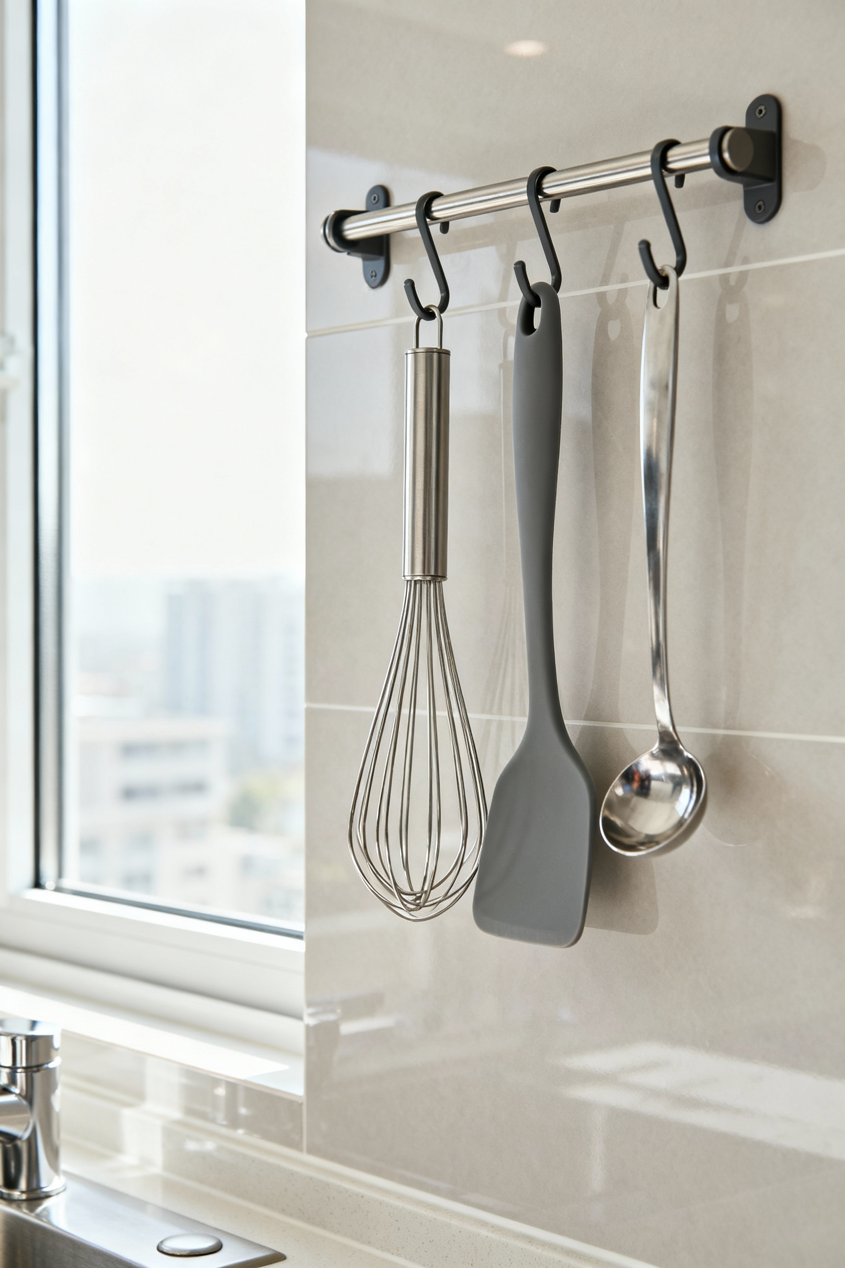 Damage-free kitchen utensil storage using white Command hooks and a rail on a white tile backsplash in a modern apartment kitchen, holding a metal whisk, silicone spatula, and ladle, lit by natural light.