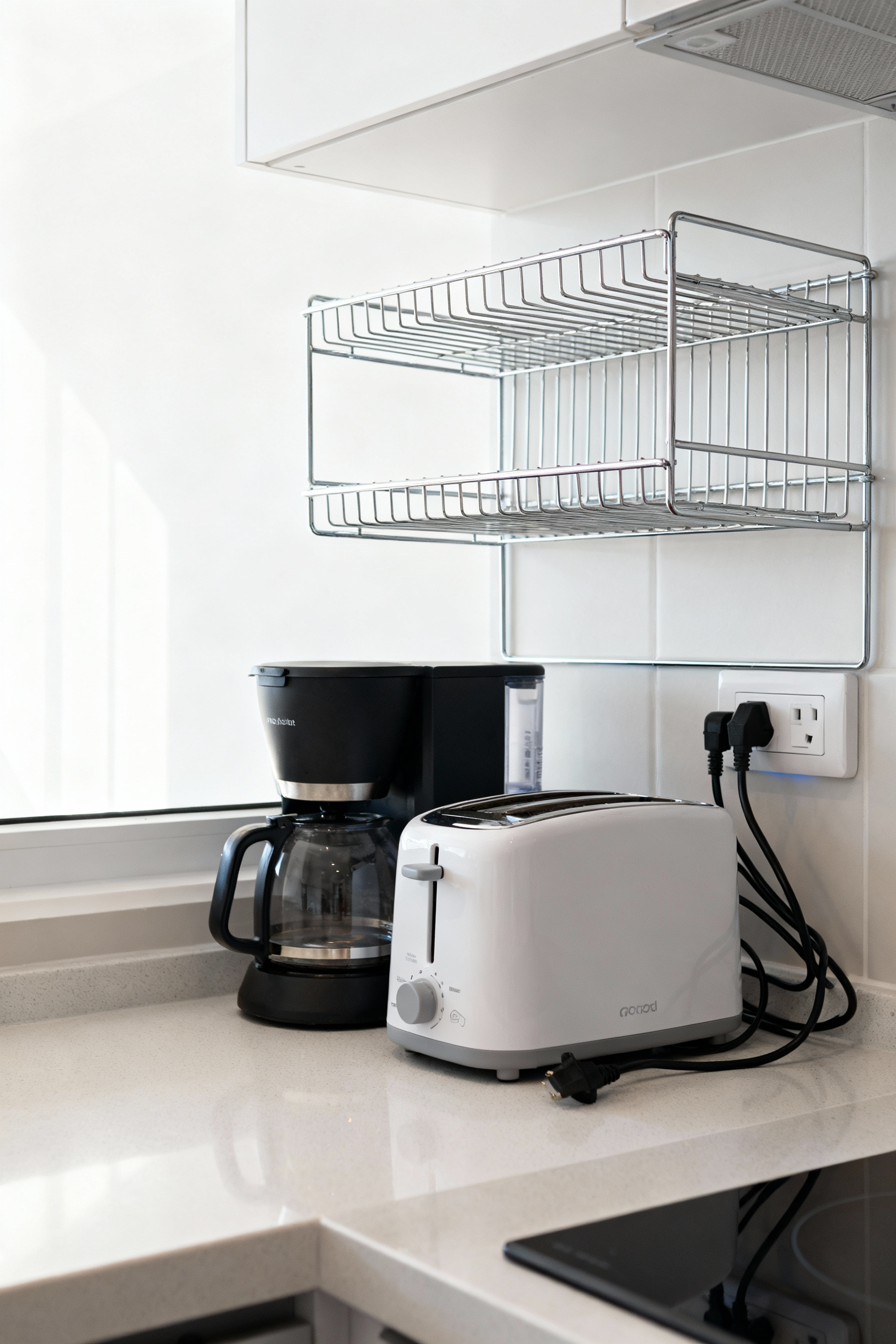 Organized smart appliance hub on a rental kitchen countertop, featuring a coffee maker and toaster stacked on sleek shelves with hidden cords, maximizing space.