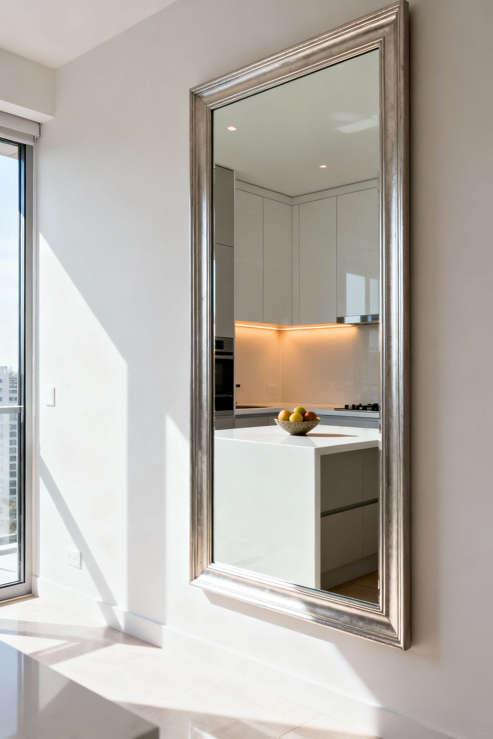 A brightly lit, spacious apartment kitchen featuring a large, rectangular framed mirror reflecting natural light and an elegant fruit bowl, making the room appear larger.