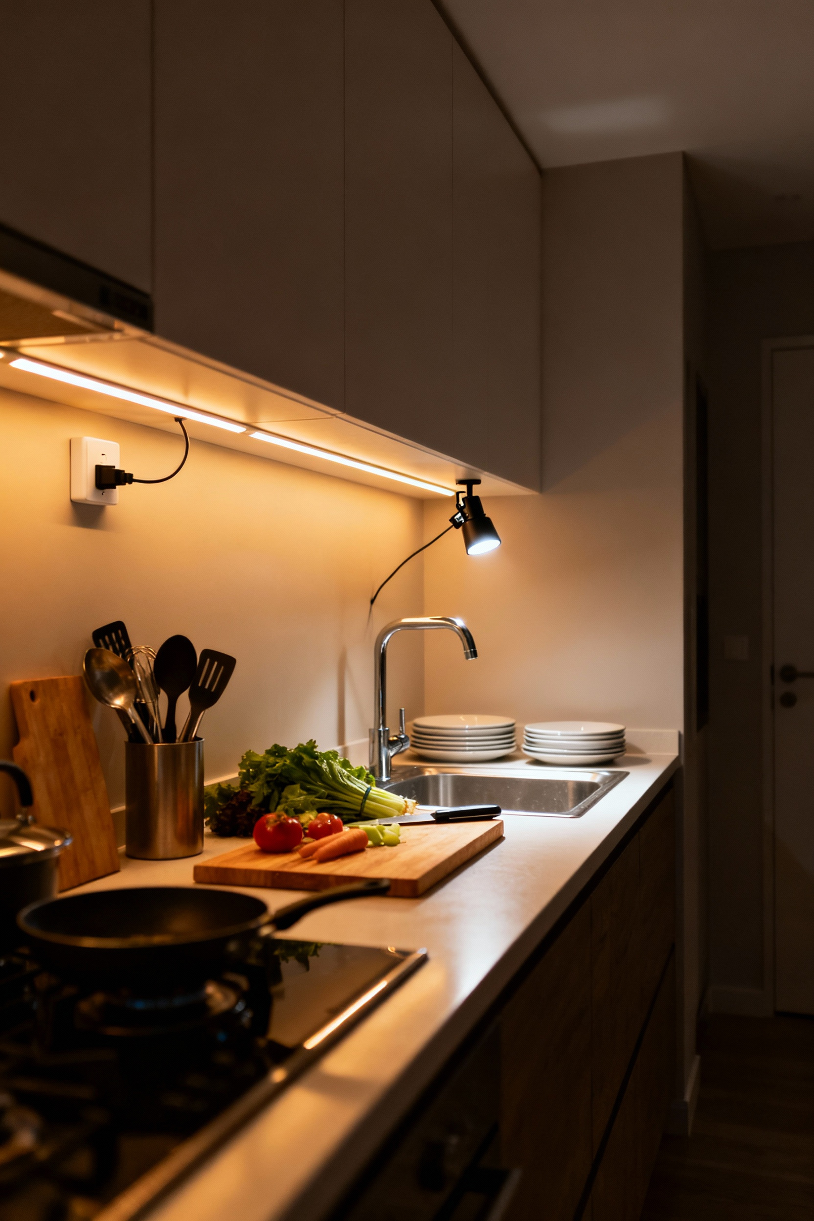 A rental kitchen with warm under-cabinet LED strip lights illuminating a food preparation area, showcasing zoned task lighting.