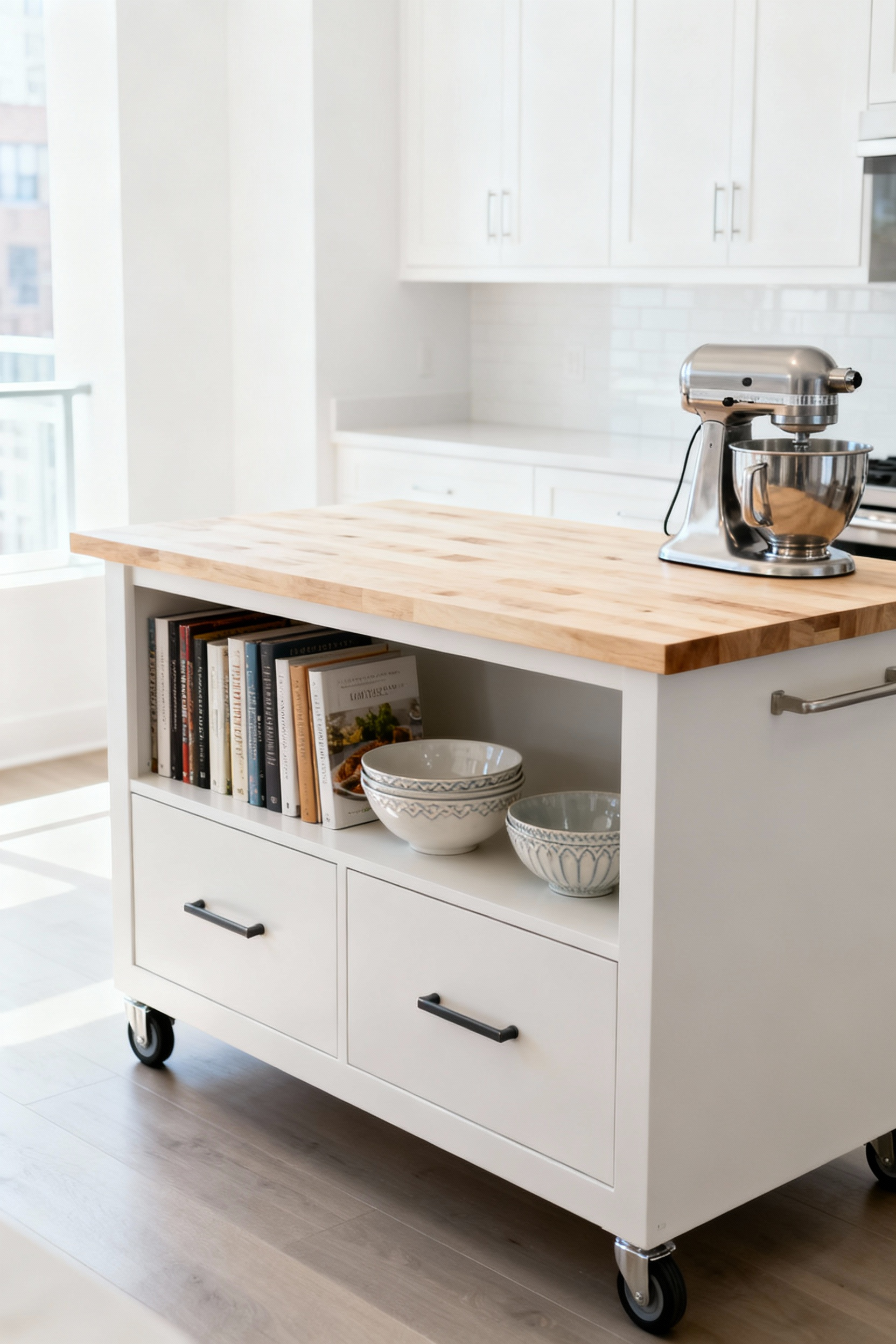 A modern multi-functional rolling kitchen island with a butcher block top, shelves, and drawers, boosting storage and prep space in a brightly lit apartment kitchen.