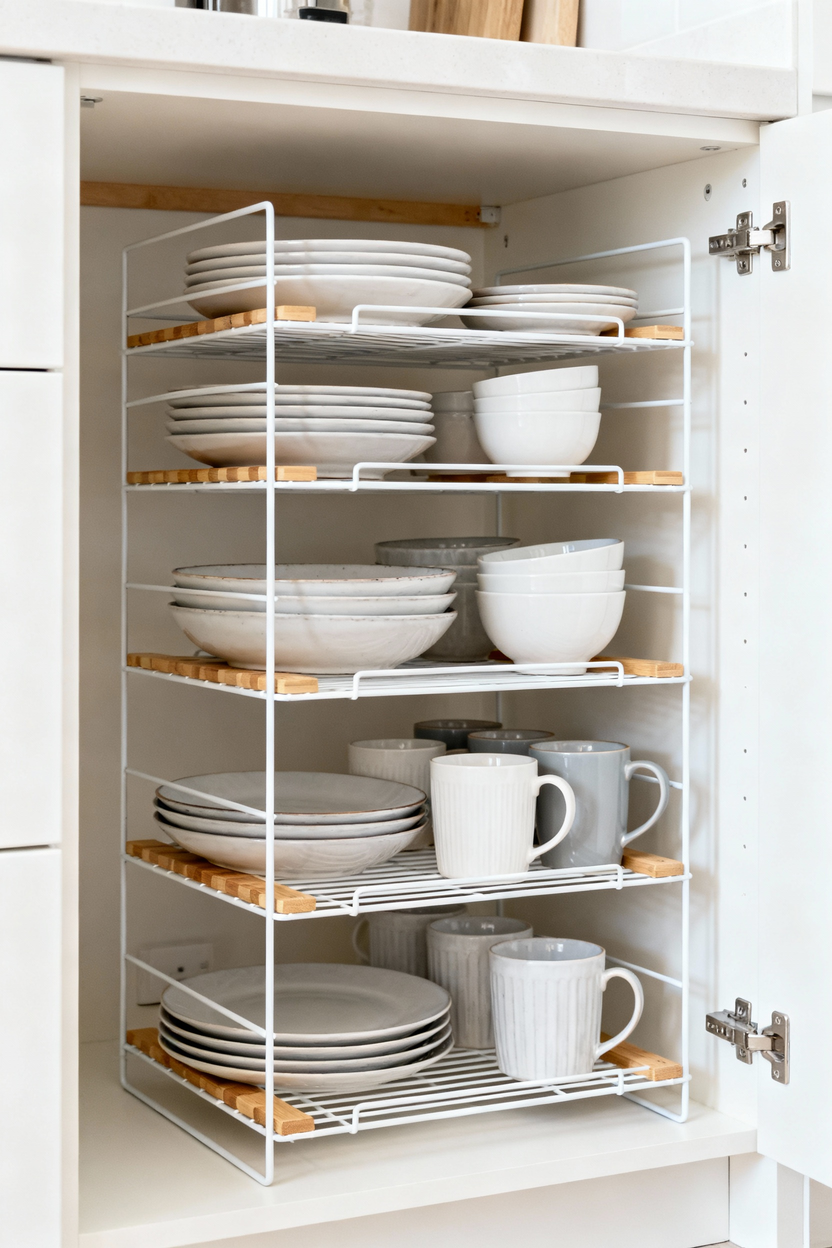 A neat modern kitchen cabinet with white stackable shelves and bamboo risers organizing ceramic plates, bowls, and mugs, utilizing vertical space efficiently. Bright natural light illuminates the organized interior.
