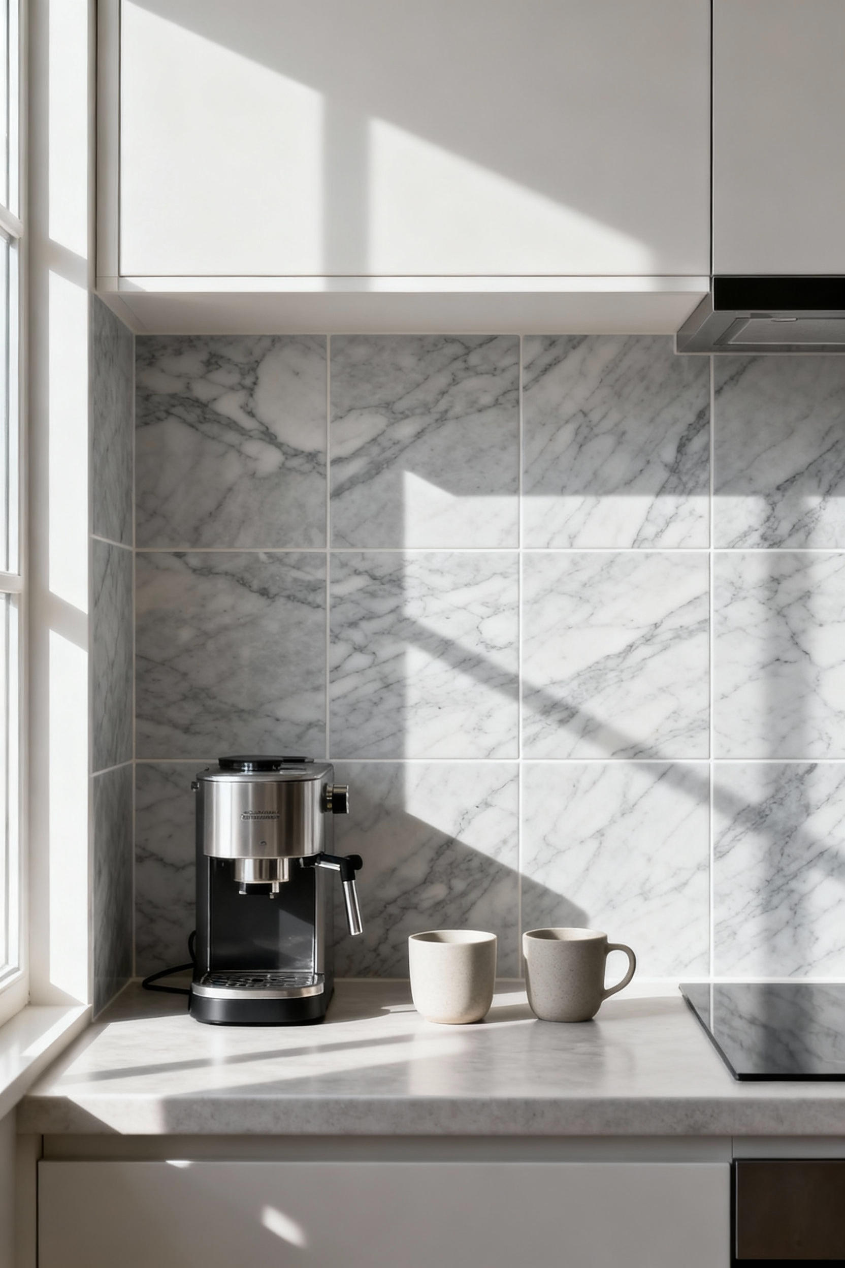 A beautifully installed peel-and-stick marble-look backsplash in a rental kitchen, defining a clean coffee station zone above a white countertop, enhancing style and protecting walls.