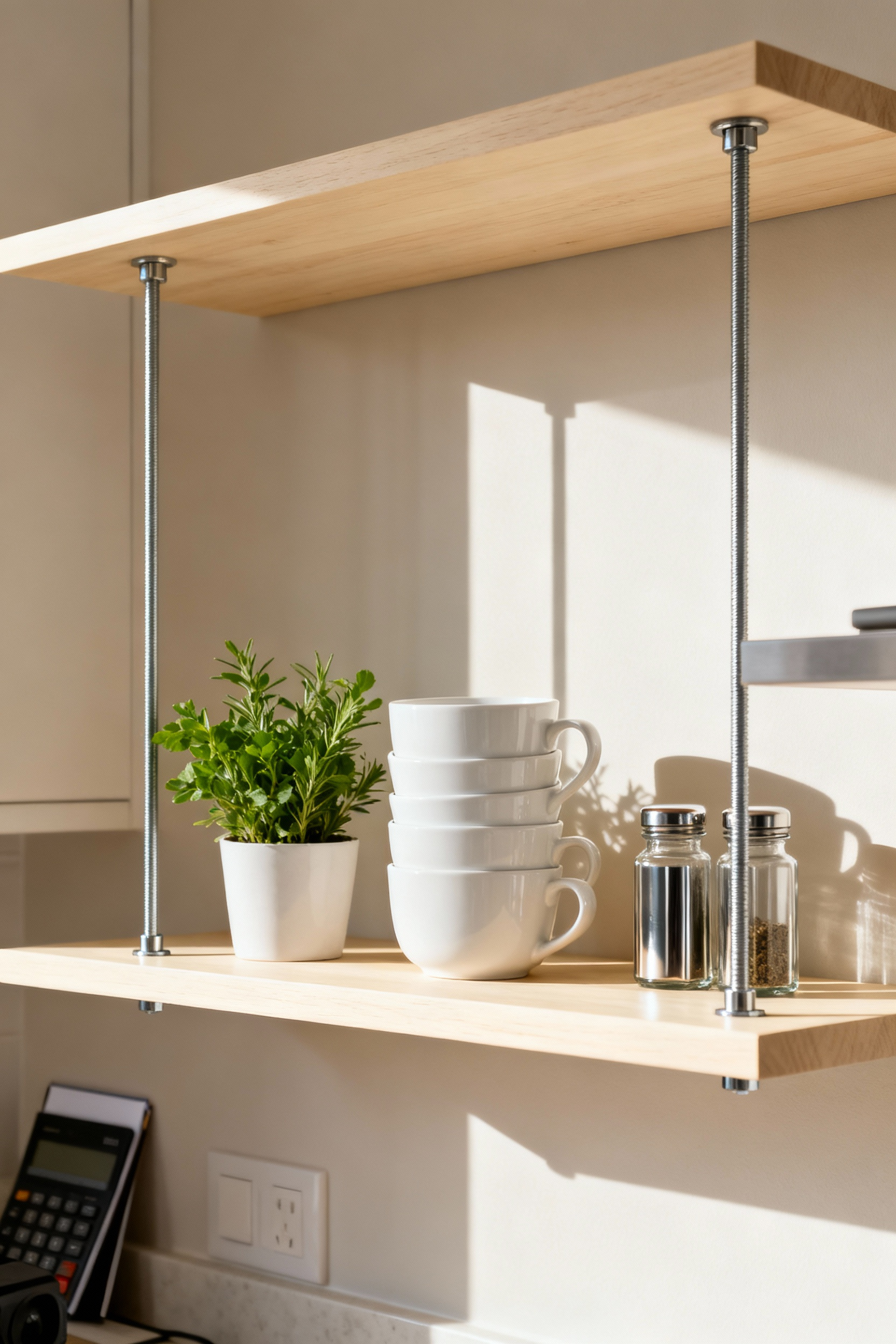 DIY tension rod open shelves in a modern rental kitchen, styled with white ceramic mugs, a herb plant, and spice jars, showcasing drill-free storage solutions.