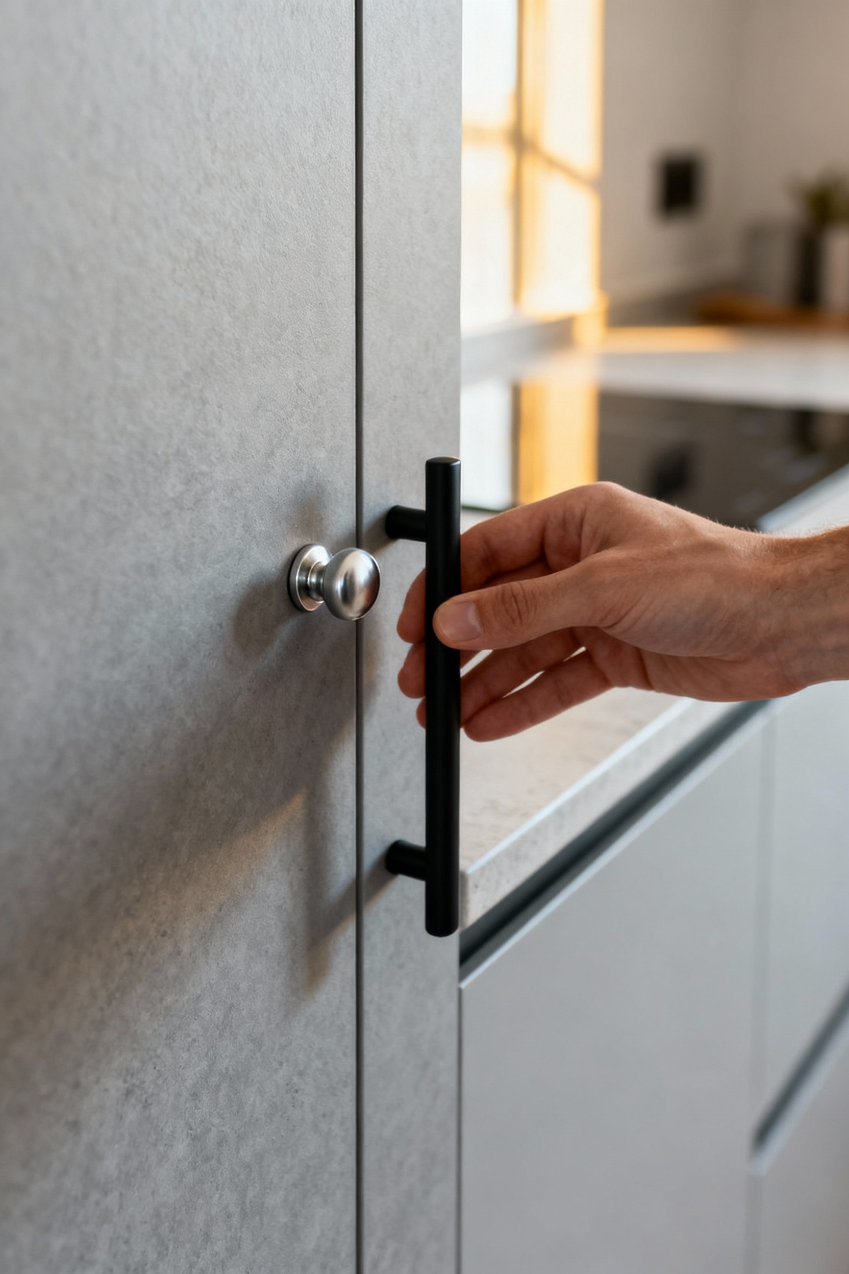 A portrait image showcasing a modern matte black cabinet pull held next to an existing silver knob on a light grey kitchen cabinet, illustrating the ease of swapping hardware in a rental kitchen.