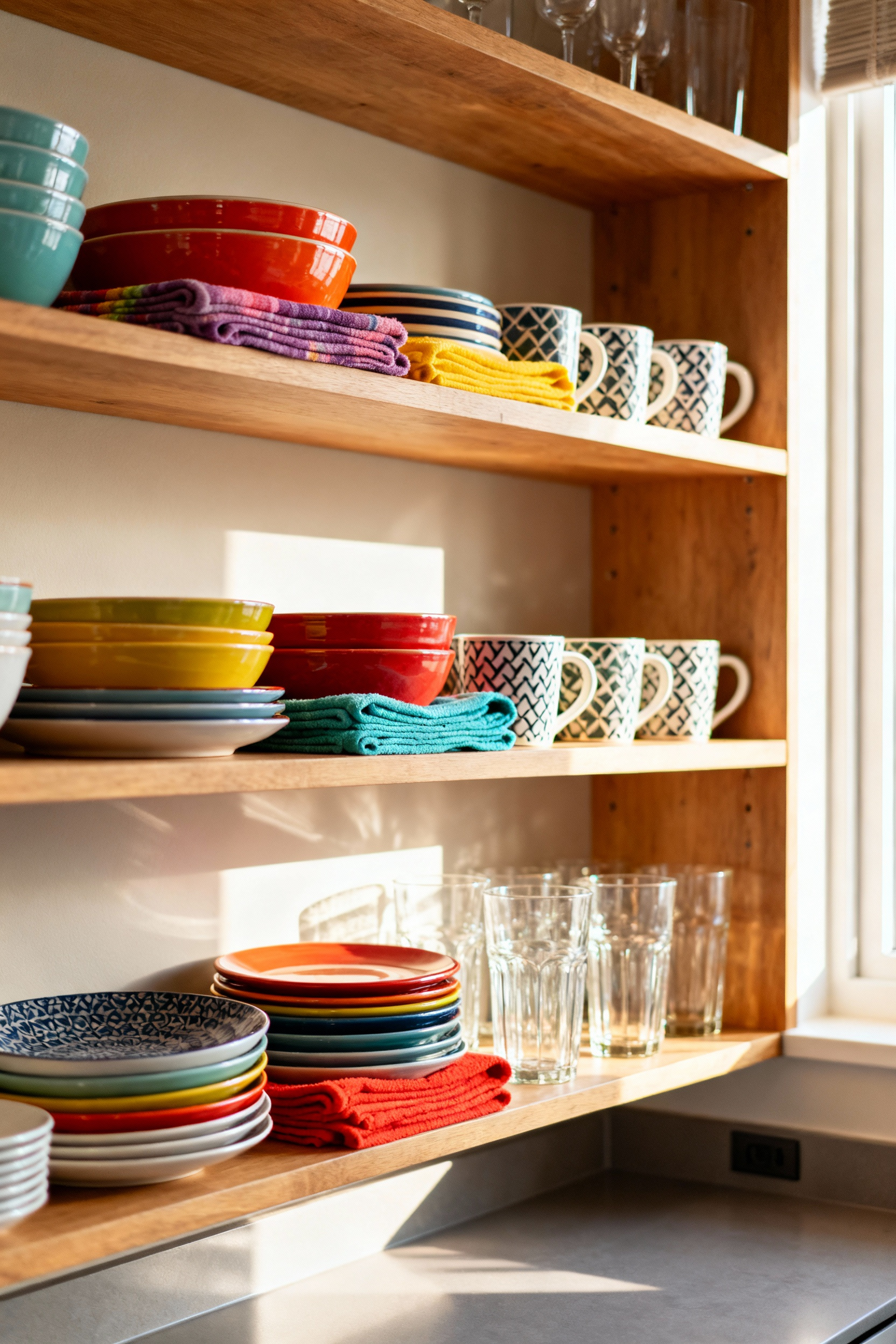 Open kitchen shelves displaying a collection of colorful ceramic plates, bowls, and mugs, along with folded patterned tea towels, creating a vibrant and personalized kitchen decor statement.