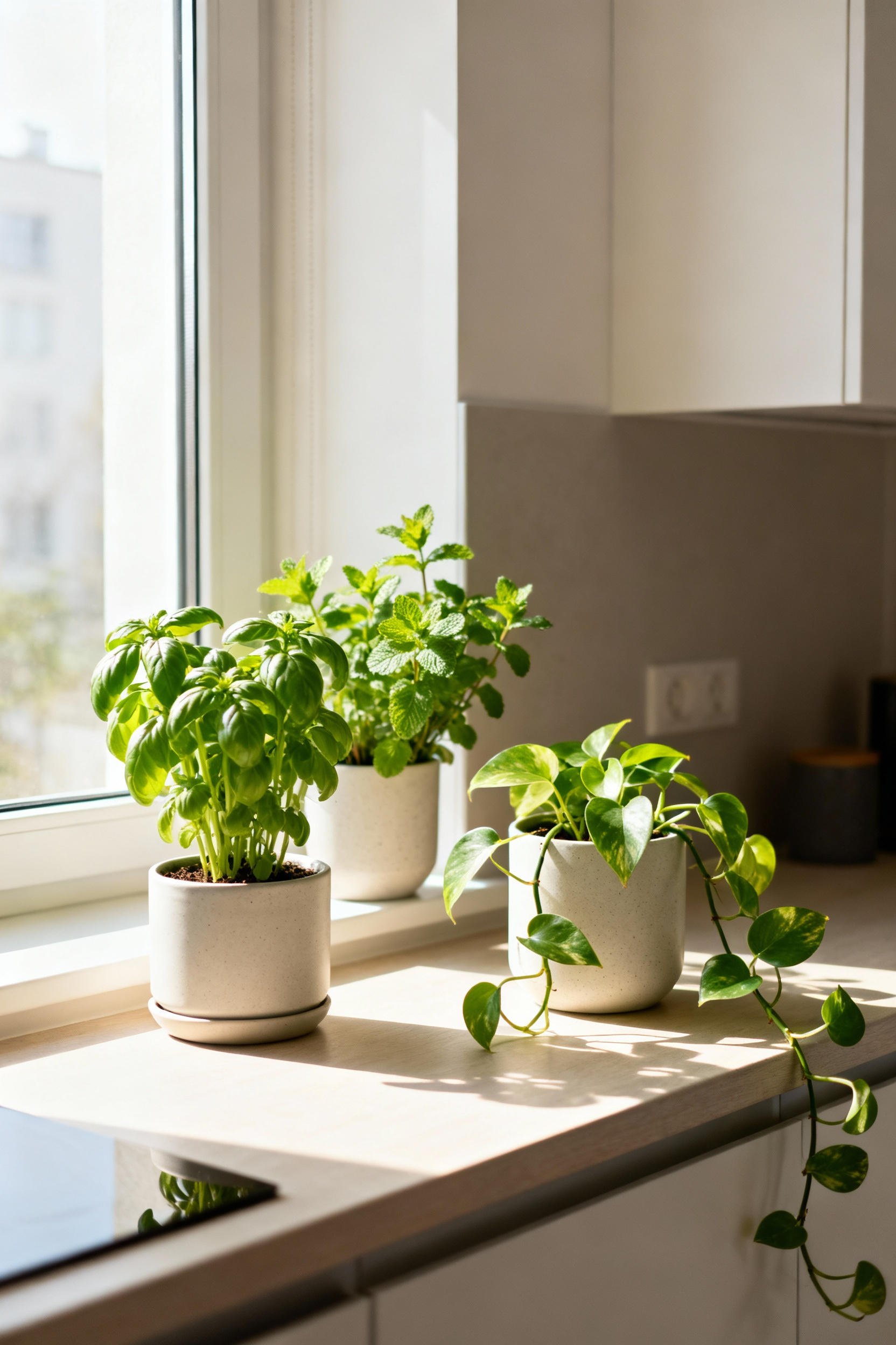 Apartment kitchen windowsill adorned with live basil, mint, and a small pothos plant in ceramic pots, illuminated by natural light.