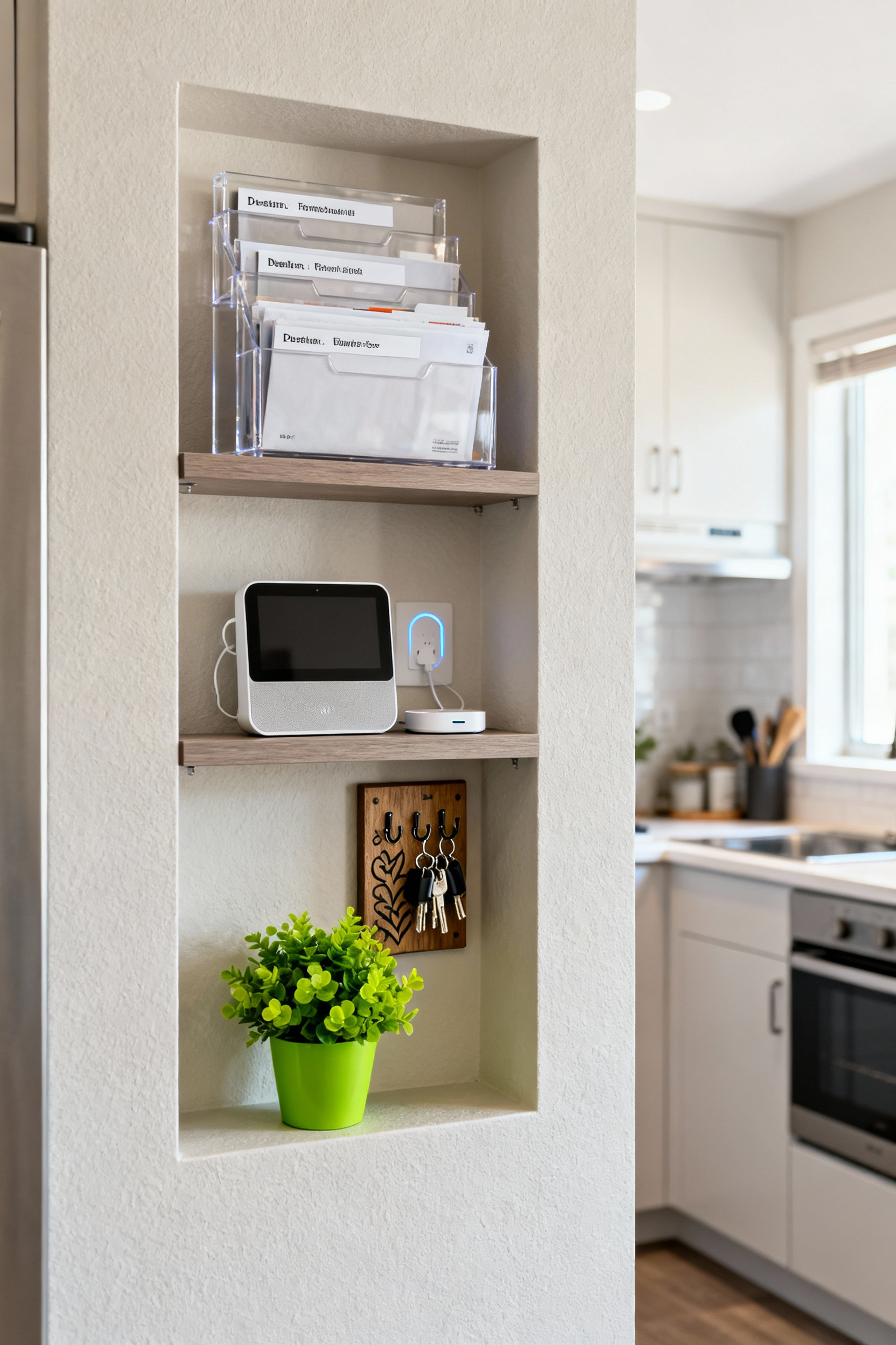 Organized kitchen niche transformed into a sleek command center with mail slots, phone charging, and key hooks, featuring renter-friendly shelving and cohesive storage solutions.