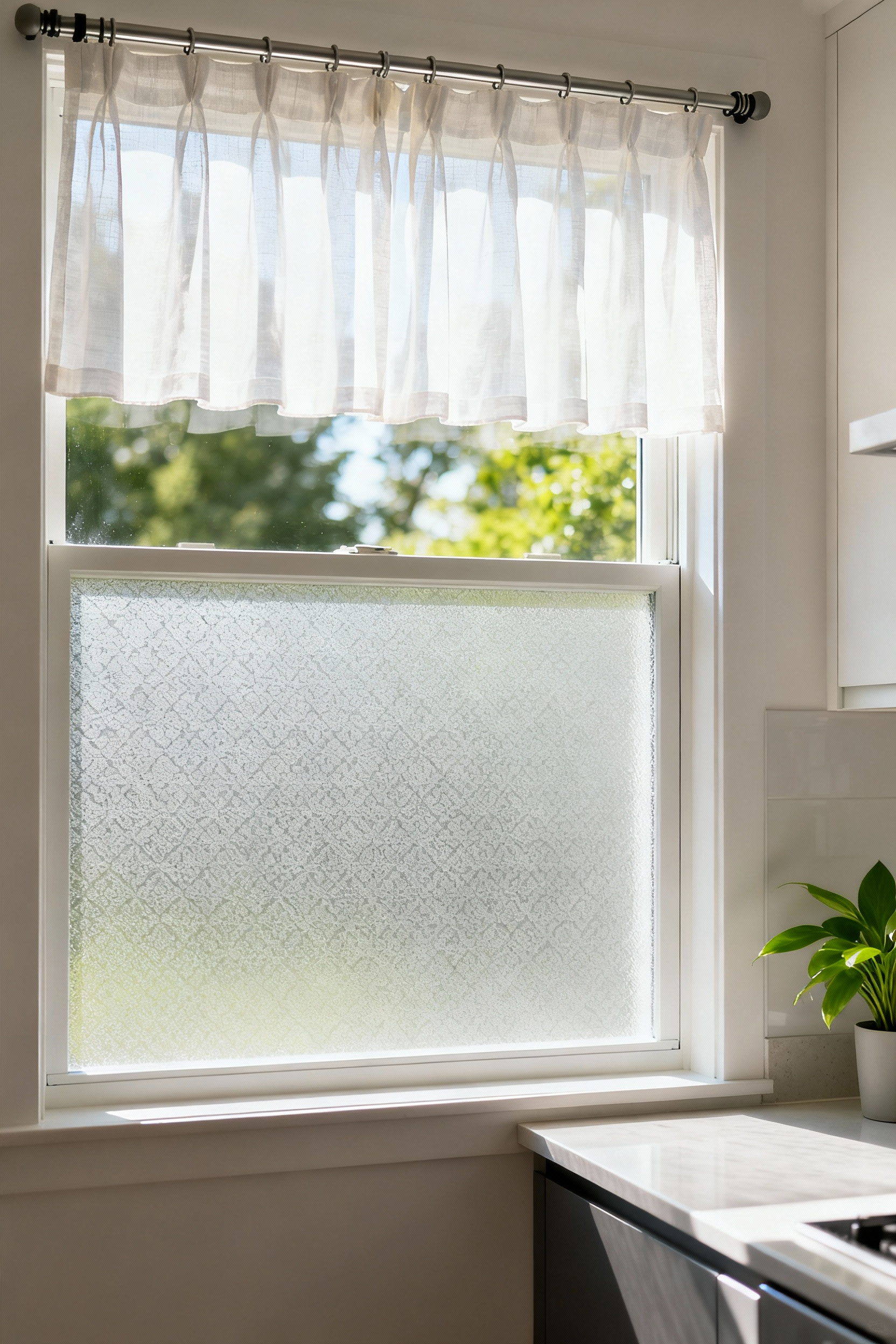 A bright rental kitchen window with a two-part temporary window treatment: a frosted privacy film on the bottom and a sheer cafe curtain on a tension rod on top, letting in natural light.