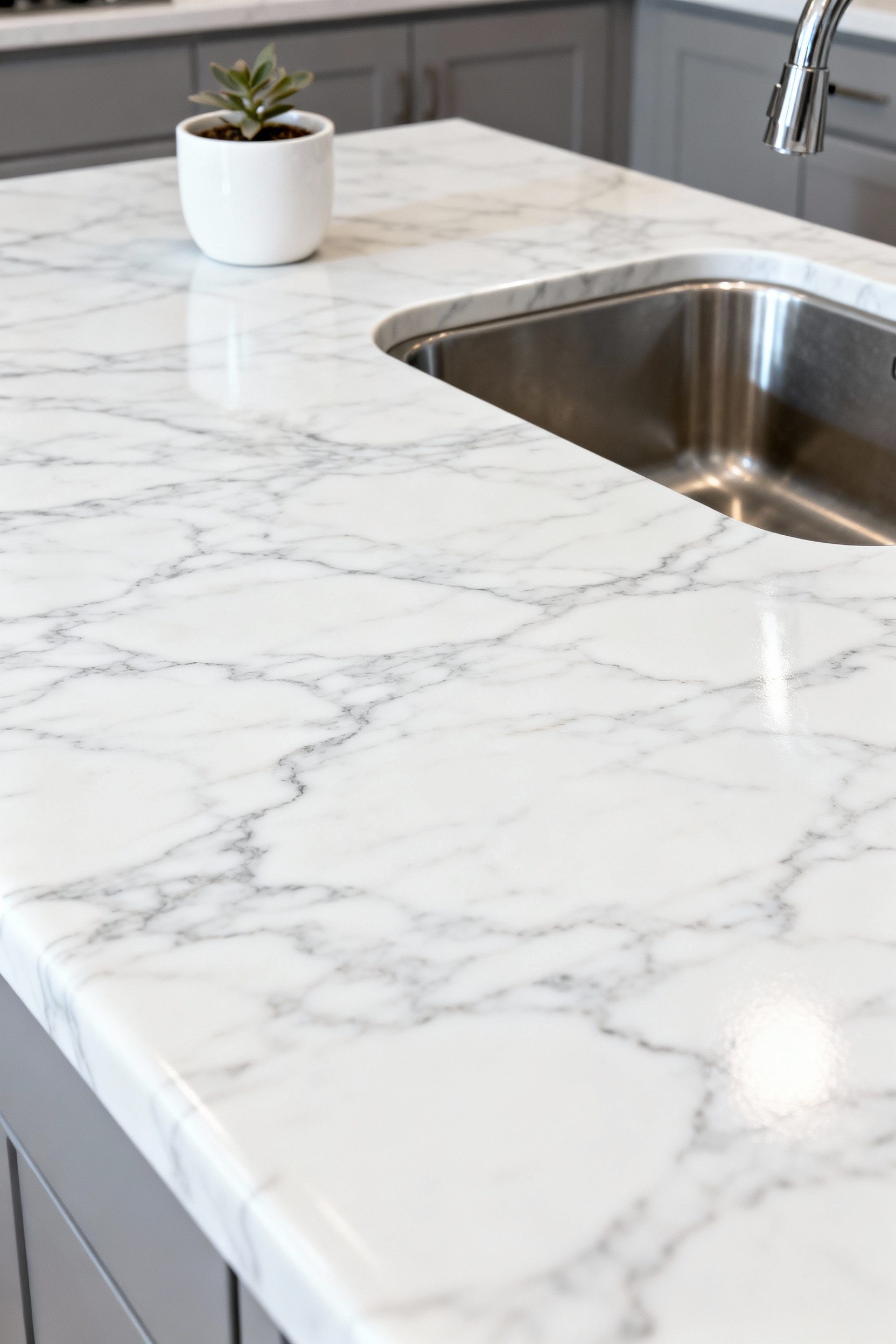 Modern rental kitchen countertop flawlessly covered with temporary white marble contact paper, featuring a sleek finish around a sink and a small decorative plant.